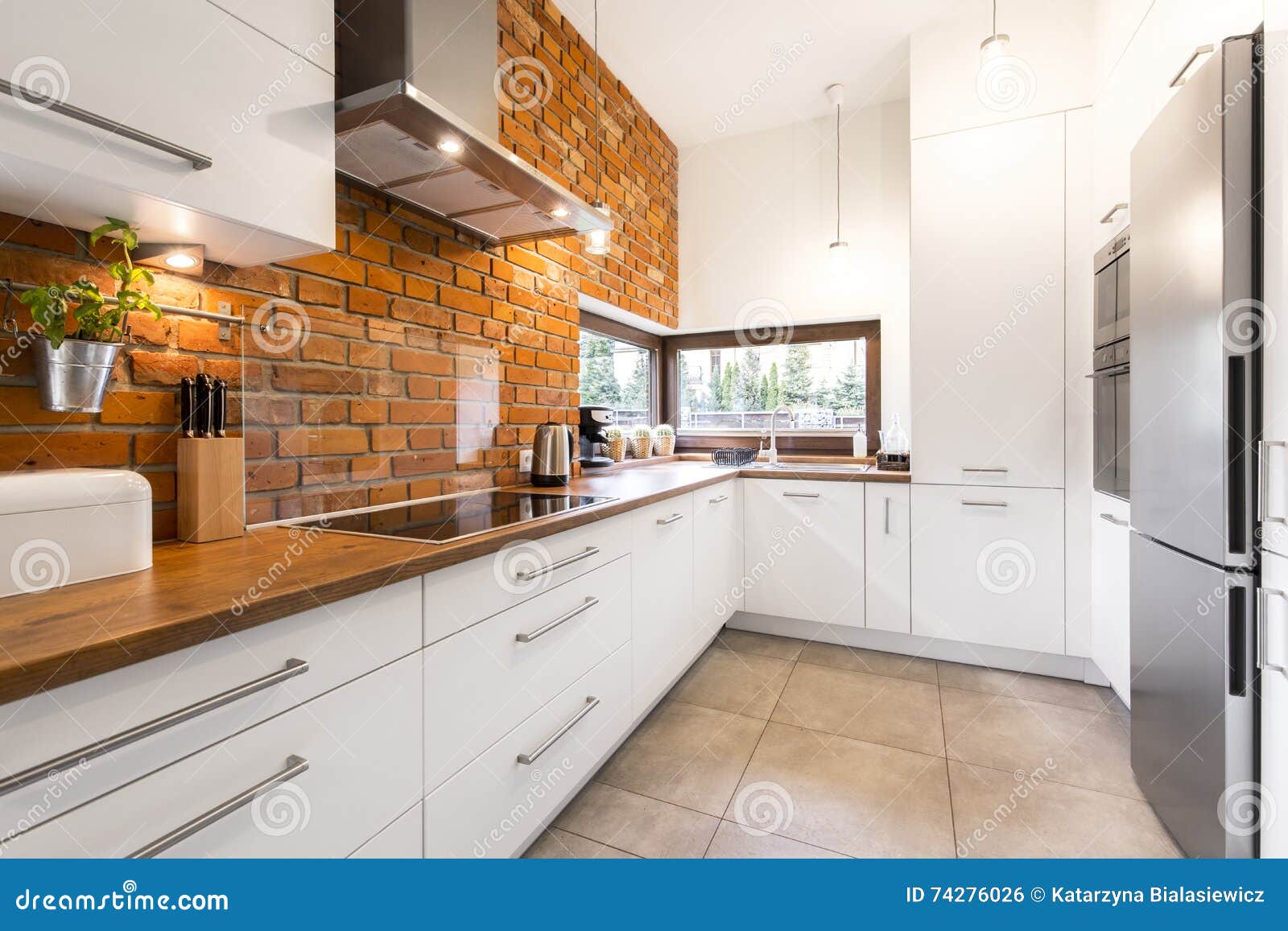 Modern Designed Kitchen with Brick Stock Photo Image of tidy, wooden