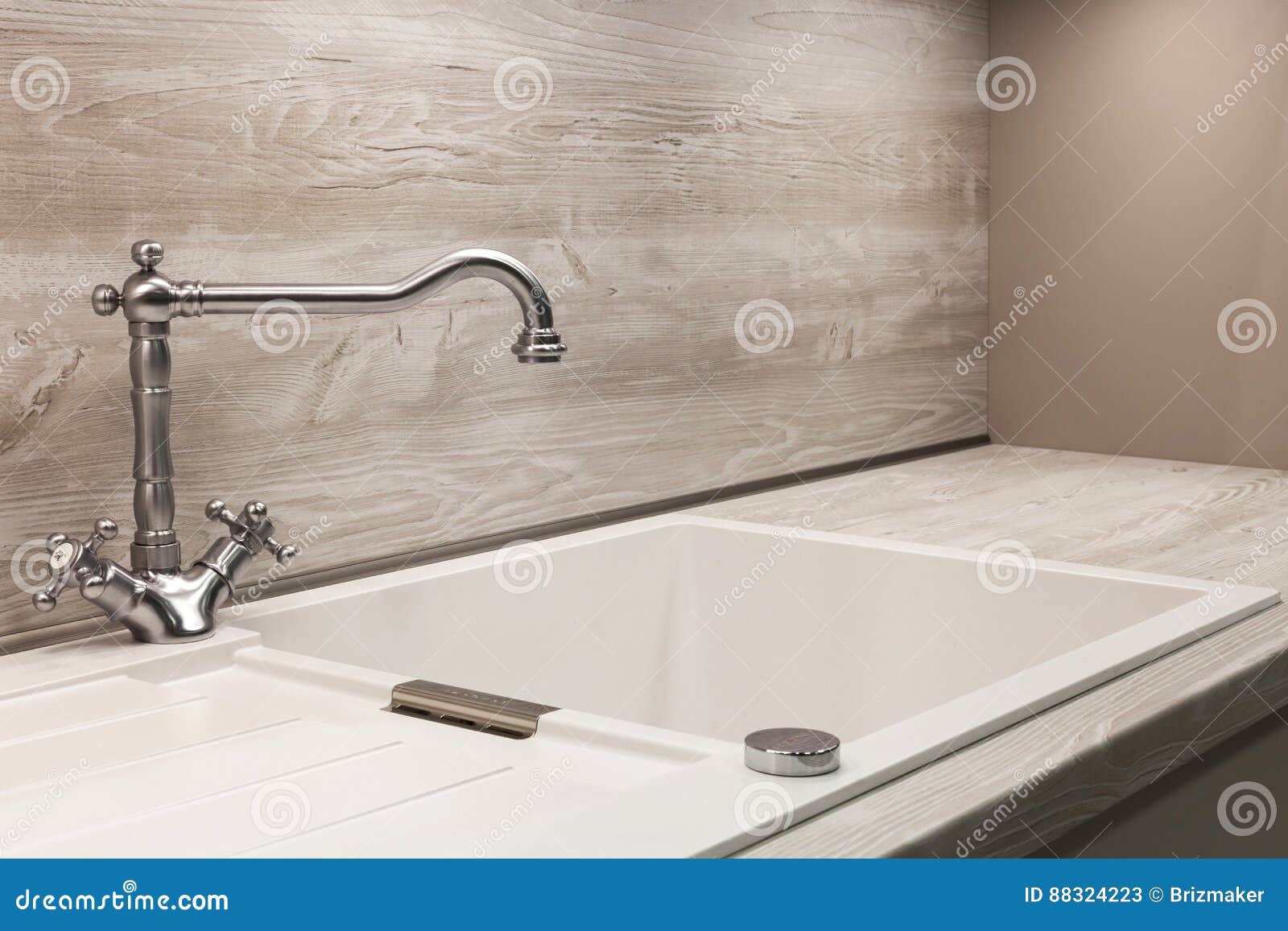 Modern Designer Chrome Water Tap Over White Kitchen Sink Stock Image Image of house