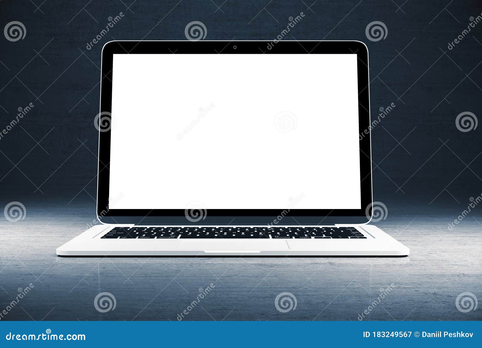 Modern Designer Desktop with Empty White Laptop Screen Editorial