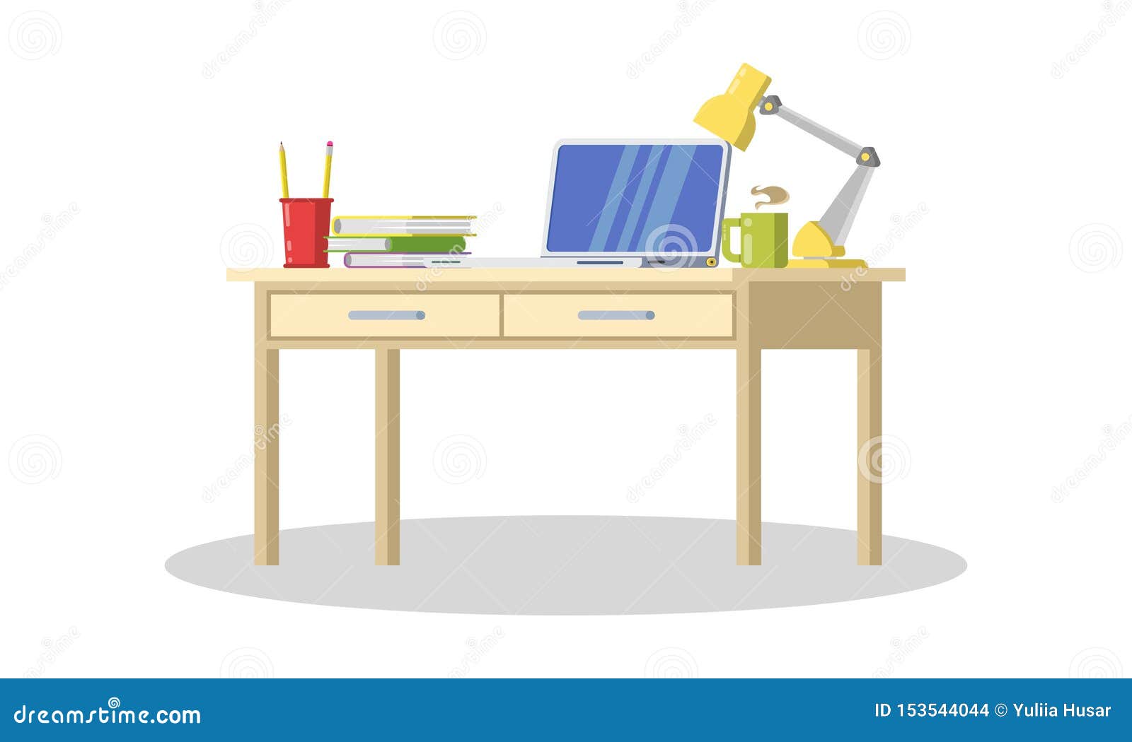 modern desk with computer, lamp, folders, books, cup of tea or coffee, stationeries.