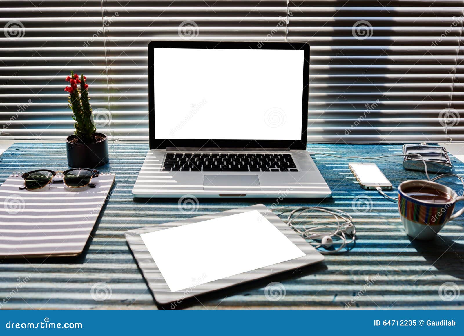 Modern Desktop with Accessories and Distance Work Tools, Laptop Computer, Mobile Phone and