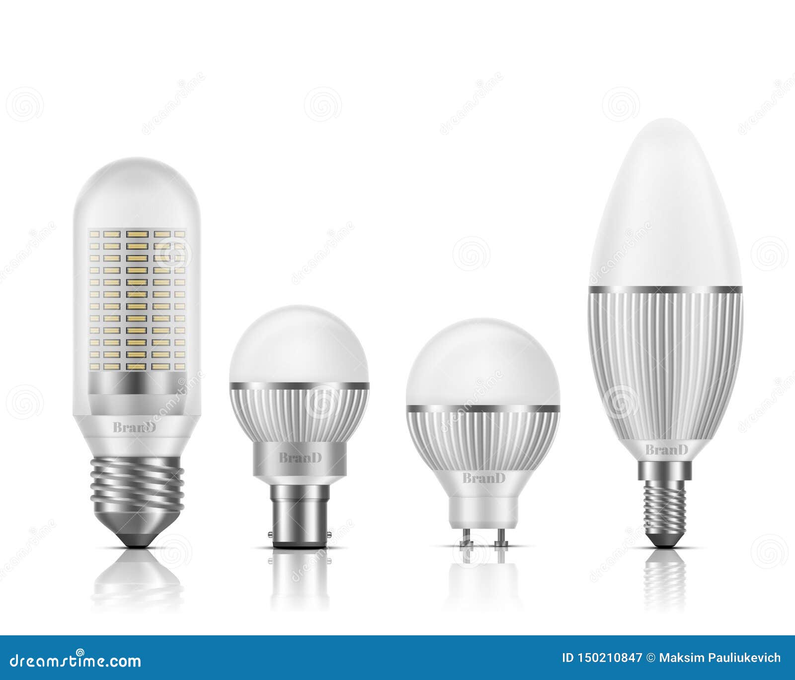 LED Bulbs with Different Base Types Vector Set Stock Vector