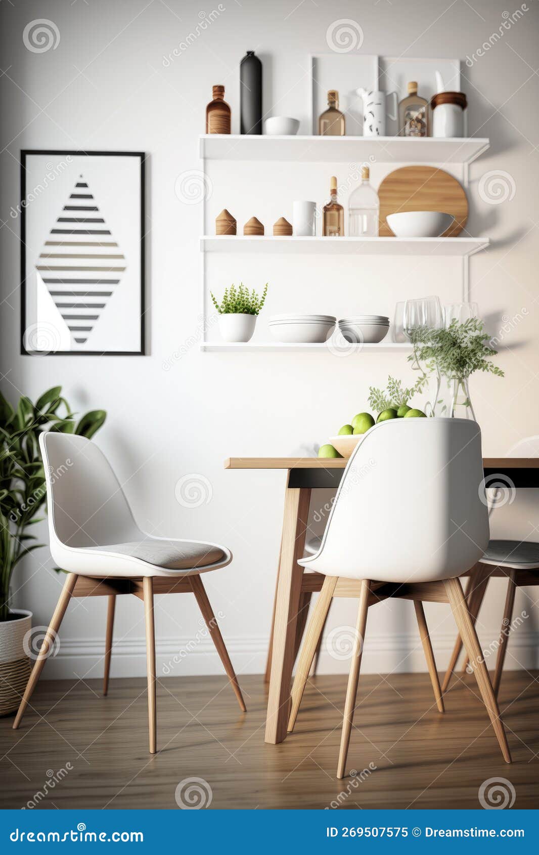 Modern Dining Room with White Walls and Shelves. Generative AI Stock Illustration Illustration