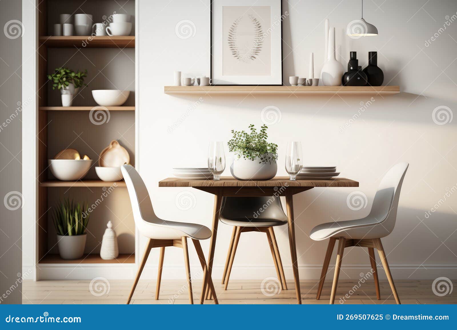 Modern Dining Room with White Walls and Shelves. Generative AI Stock Illustration Illustration