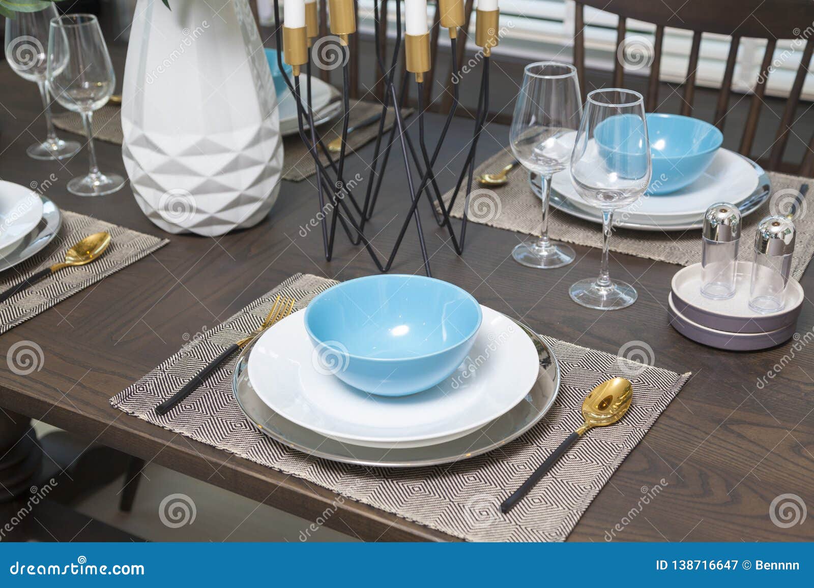 Dinning Room Interior with Blue Plate on Table at Home. Stock Image ...