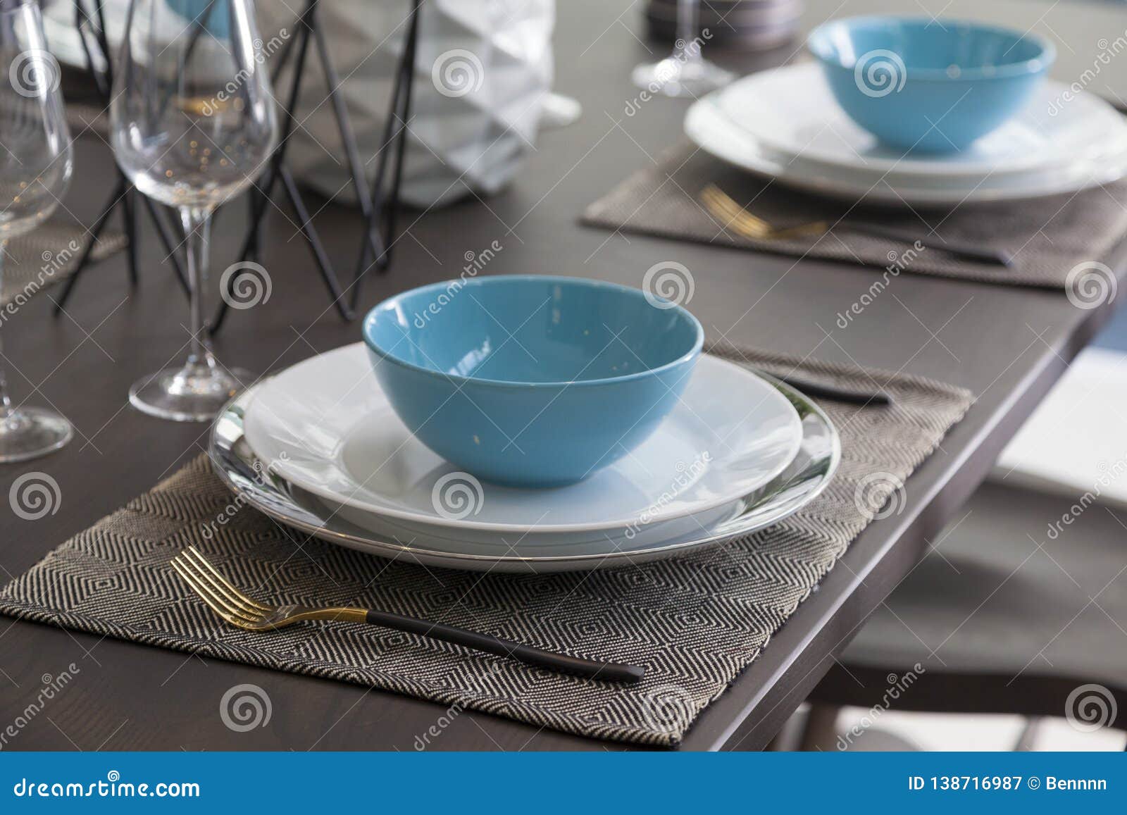 Dinning Room Interior with Blue Plate on Table at Home. Stock Image ...