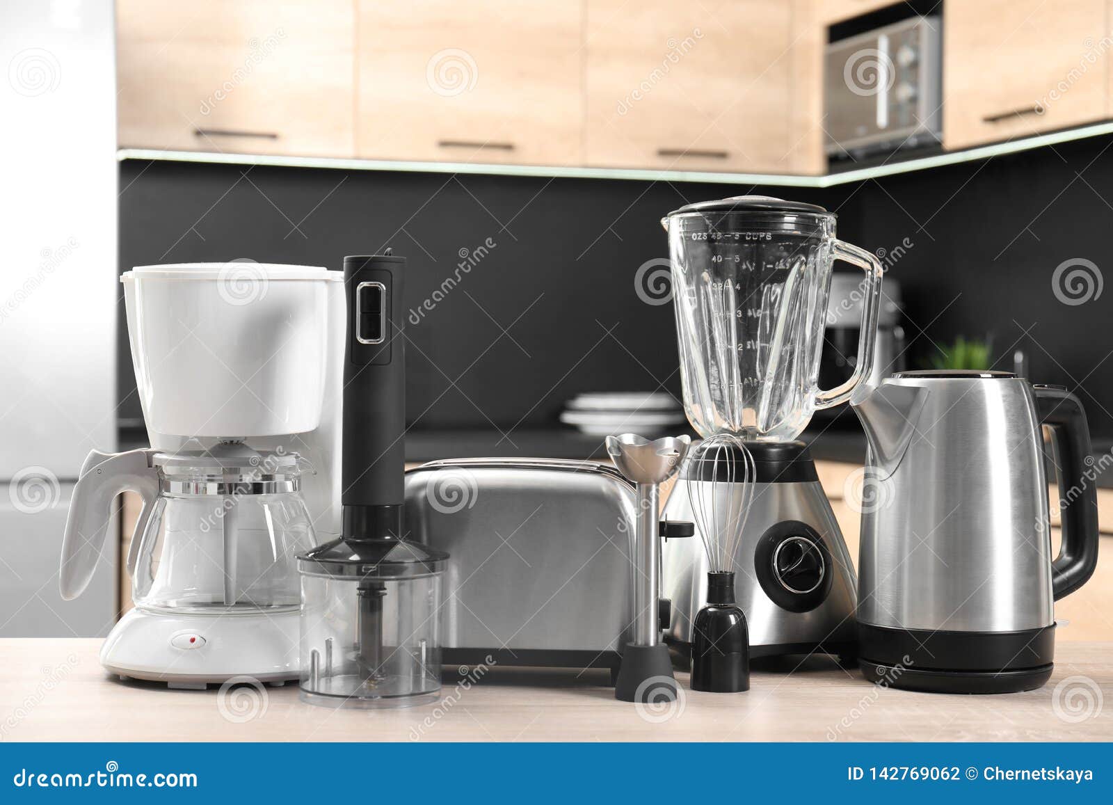 Modern Domestic Appliances on Wooden Table Stock Photo Image of