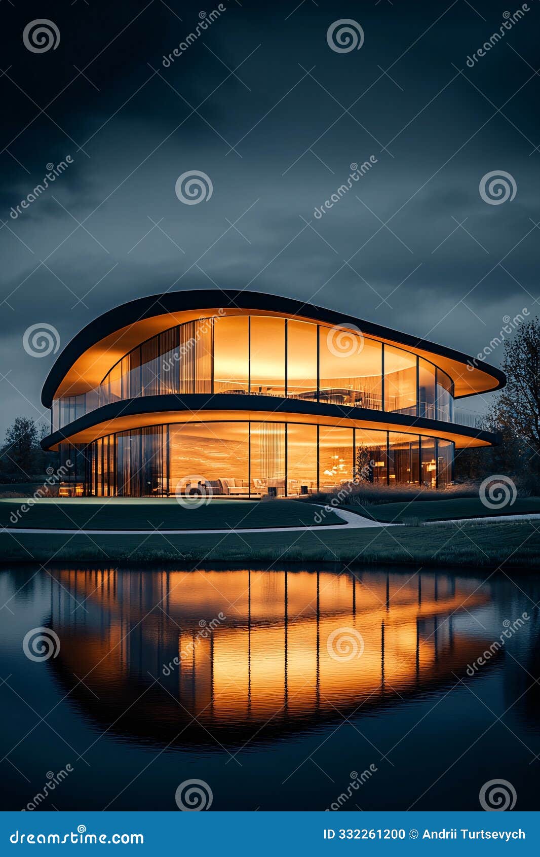 modern curved glass building by a lake at dusk with warm lights