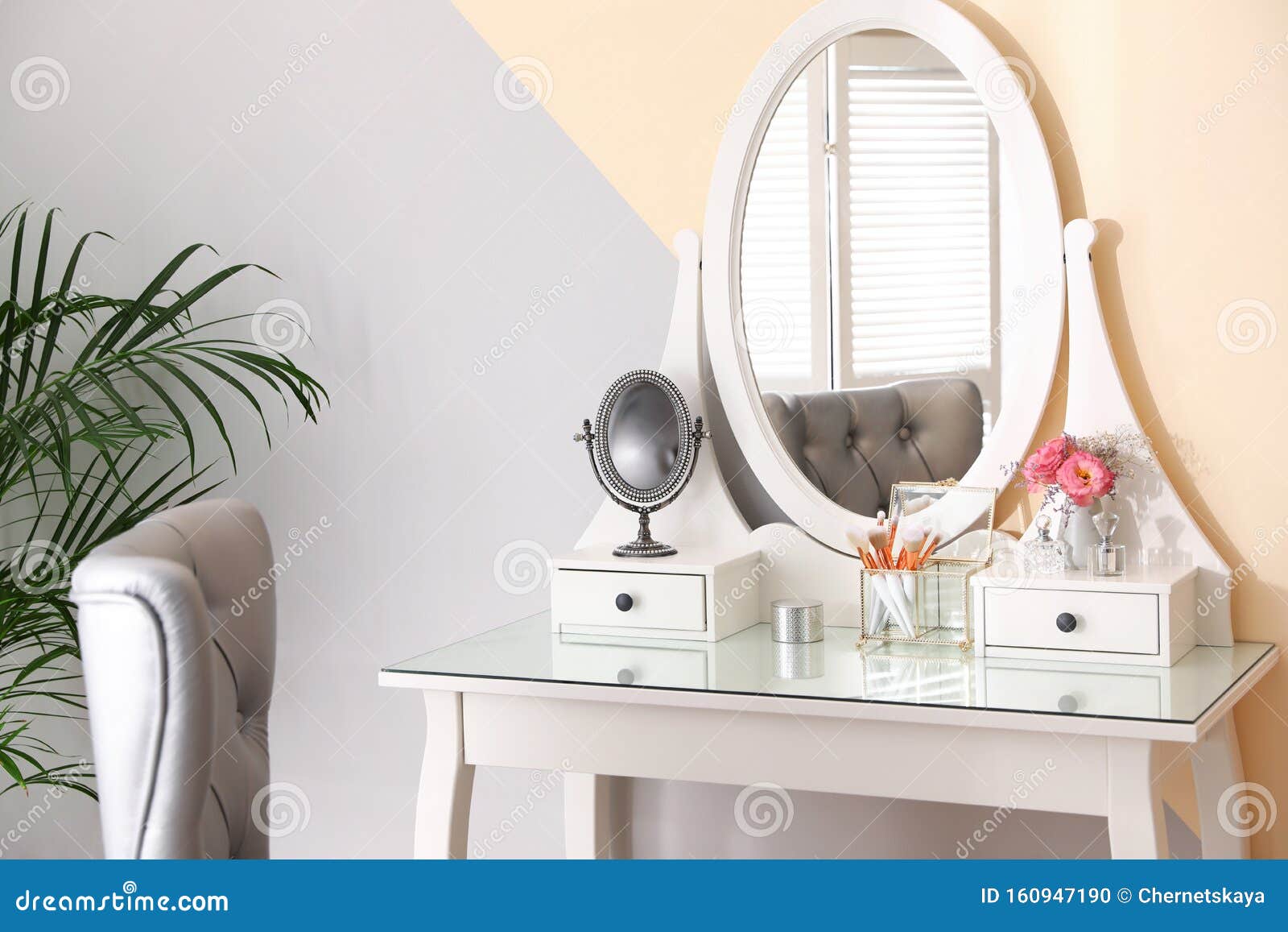 Modern Dressing Table with Flowers in Room Interior Stock Photo Image