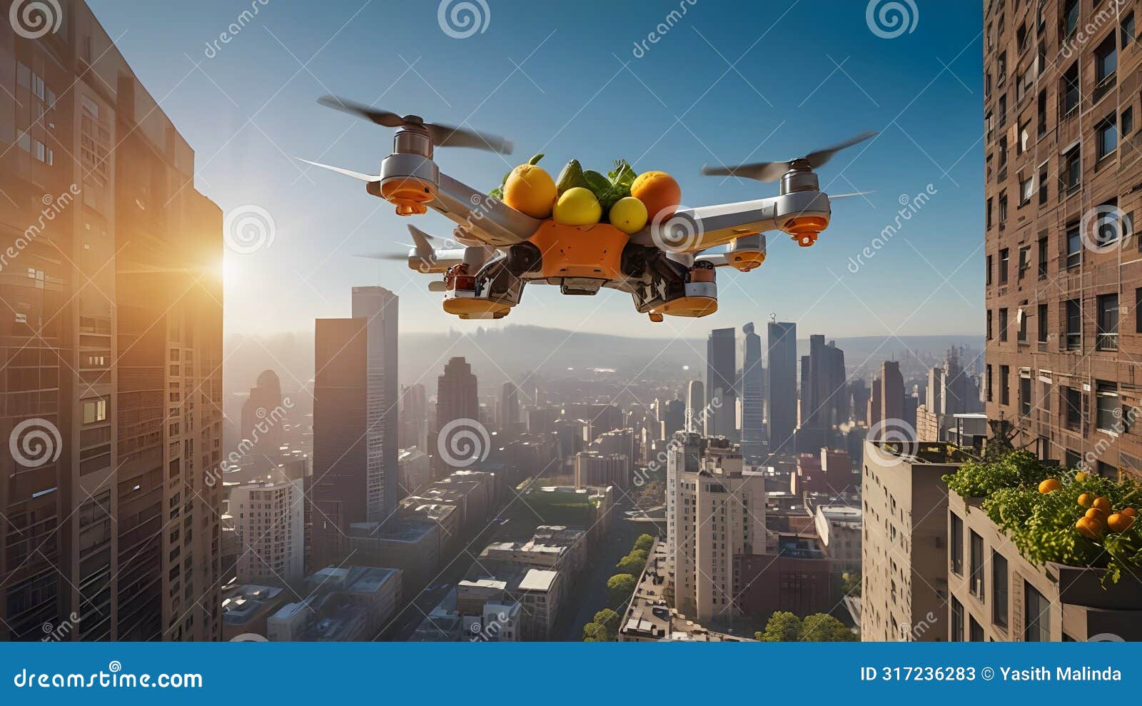 a modern drone with four rotors hovering above a vibrant cityscape