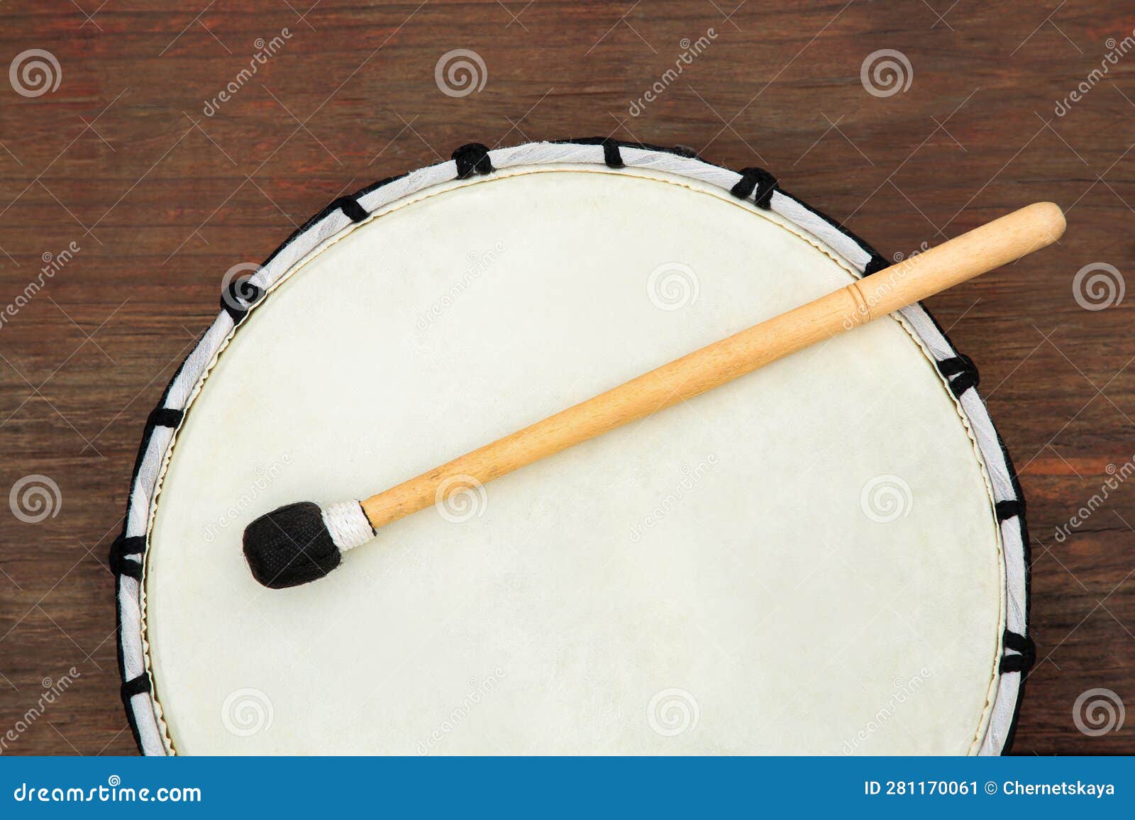 Modern Drum with Drumstick on Table, Top View. Percussion Musical