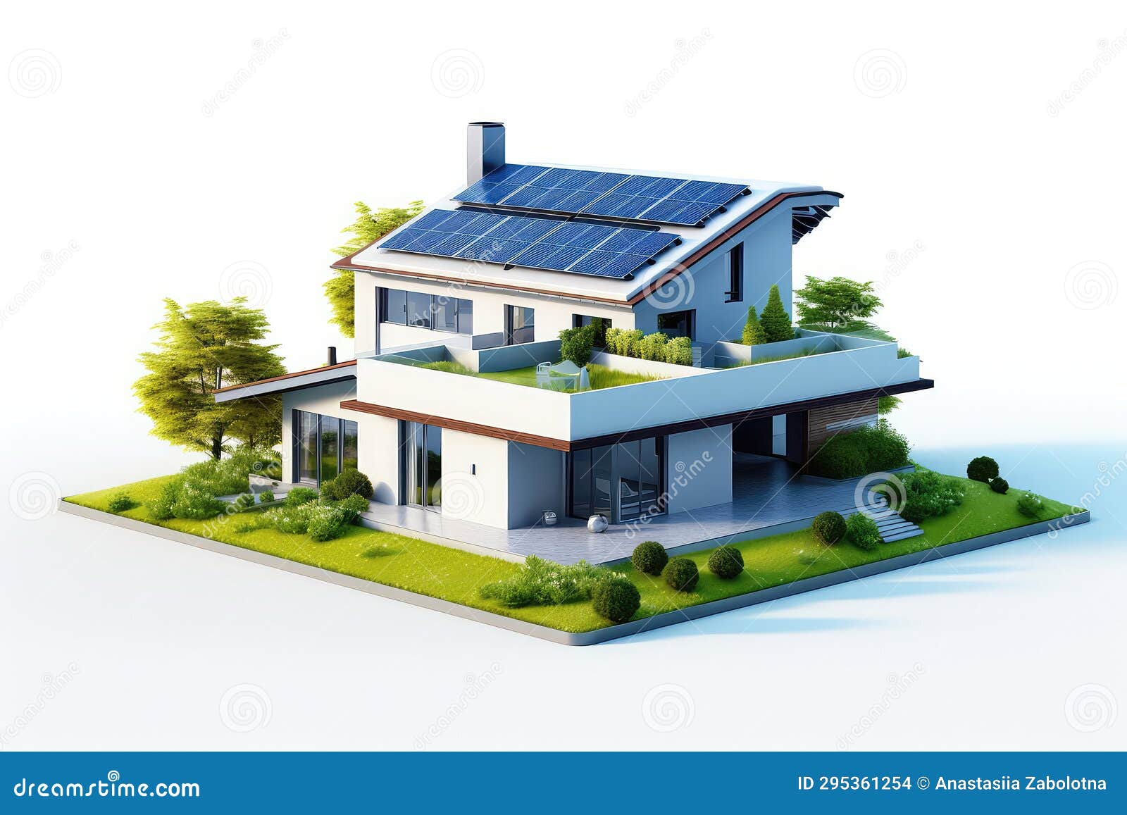 Modern Eco House with Solar Panels and Smart Home Technology Stock
