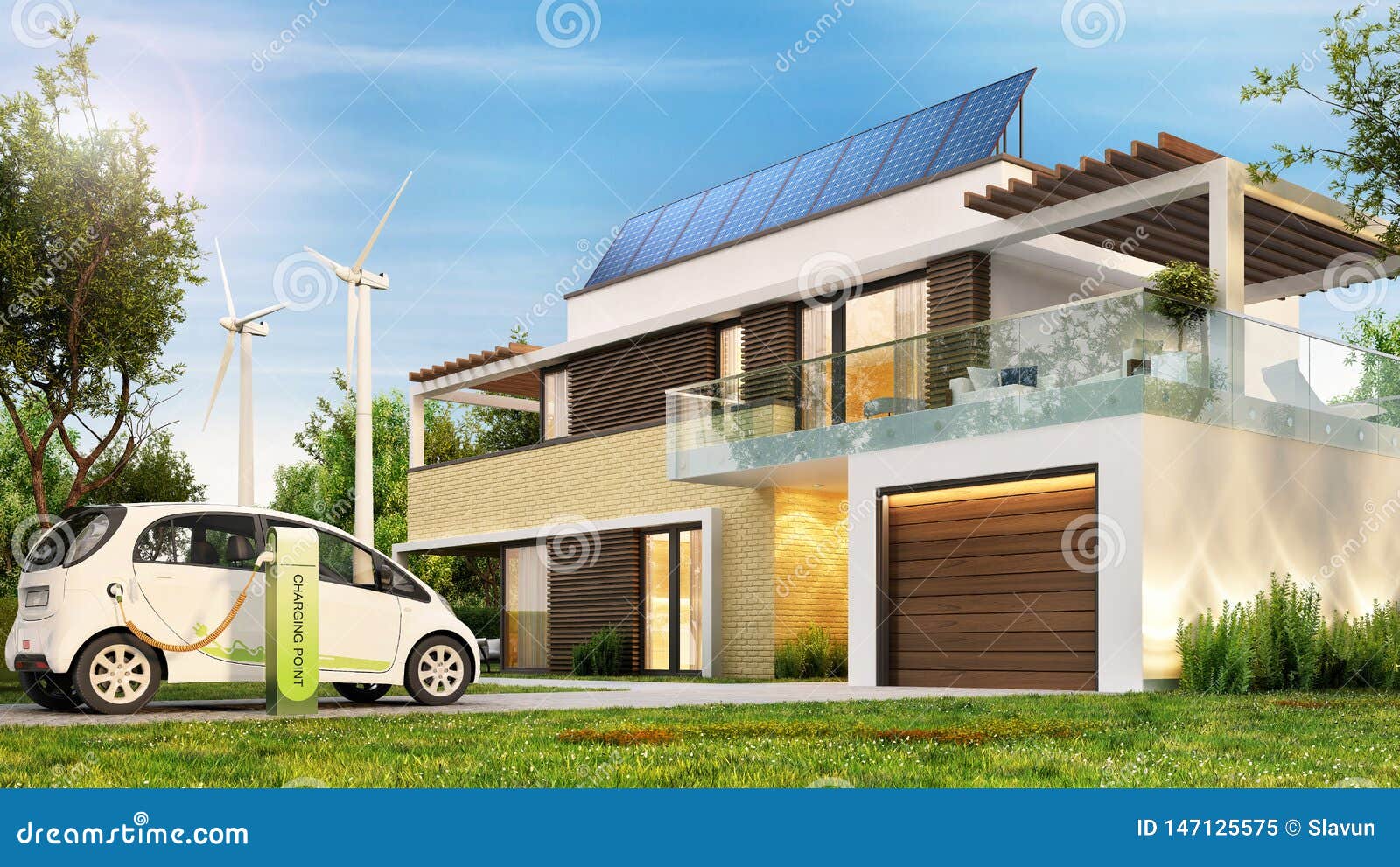 modern eco house with solar panels and wind turbines and an electric car.