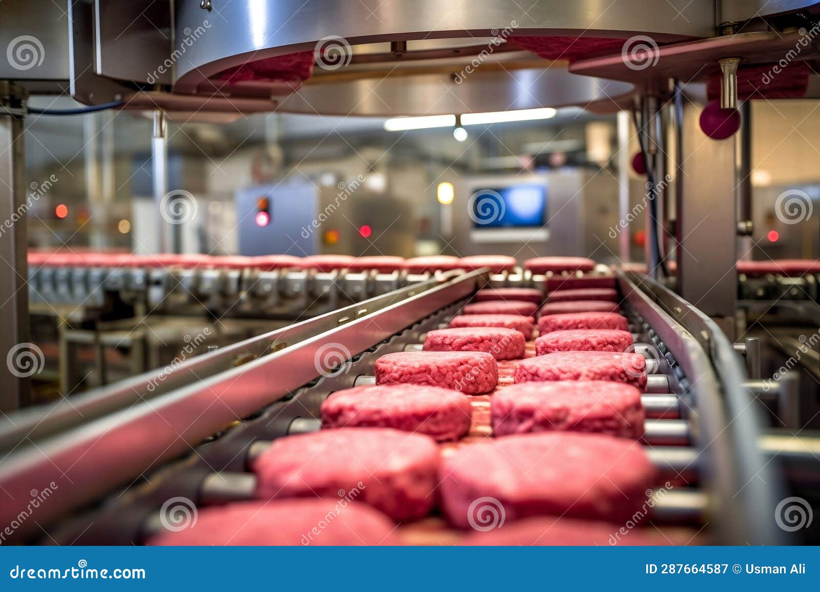 modern ecological bio-print meat factory: conveyor system for ready-made beef hamburger cutlets. ai