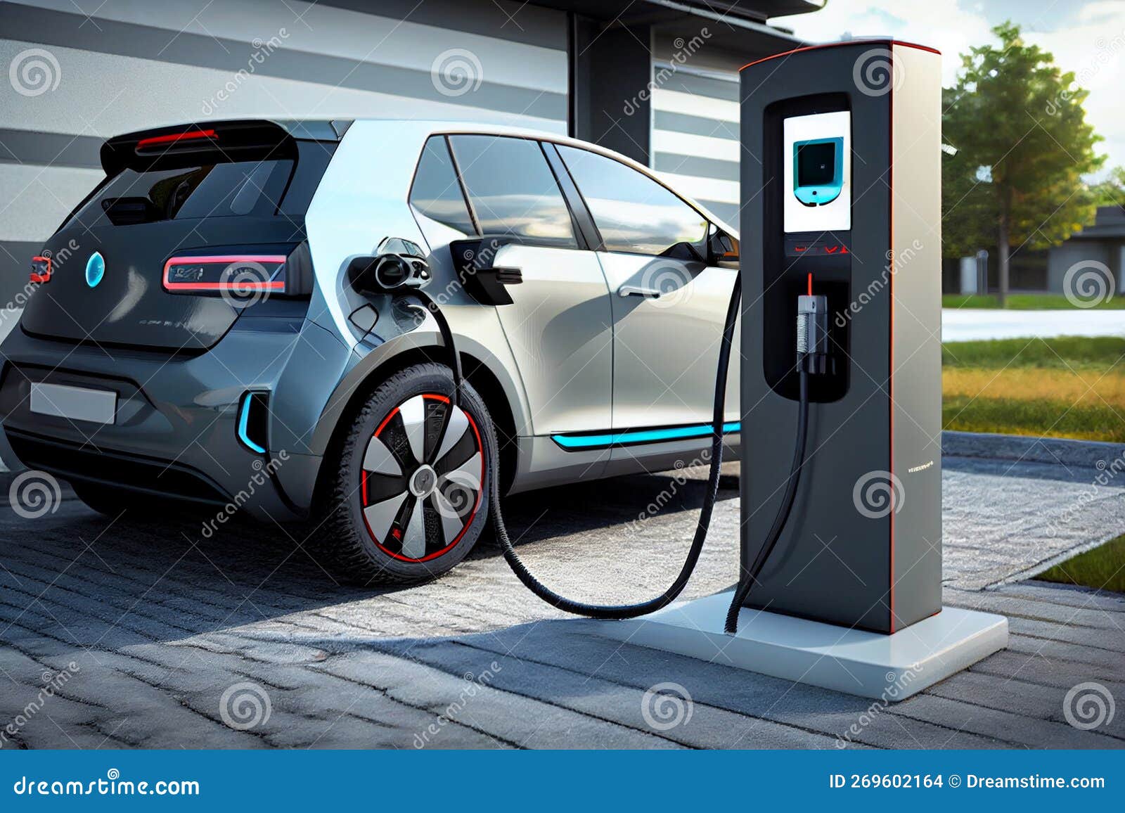 Modern Electric Car at the Charging Station. AI Generated Stock Photo
