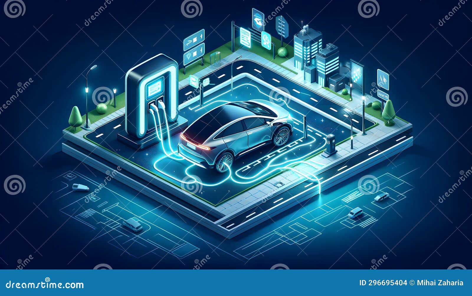 Modern Electric Car Charging at Station in Isometric 3D. Created with