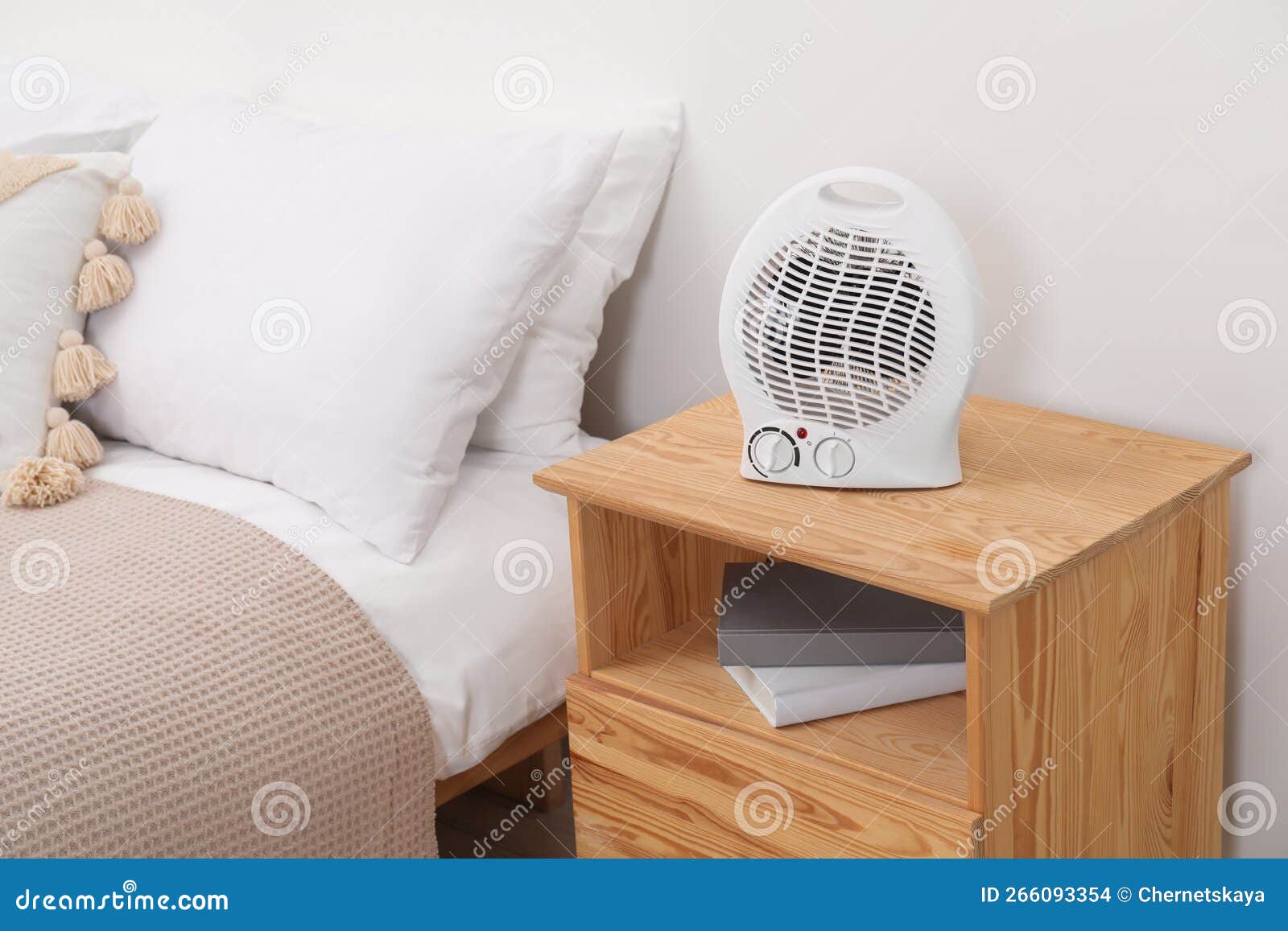 Modern Electric Fan Heater on Bedside Table Indoors Stock Photo Image