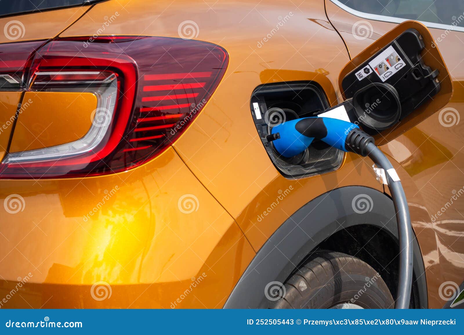 Close Up for the Socket of the Electric Car during Charging. Stock