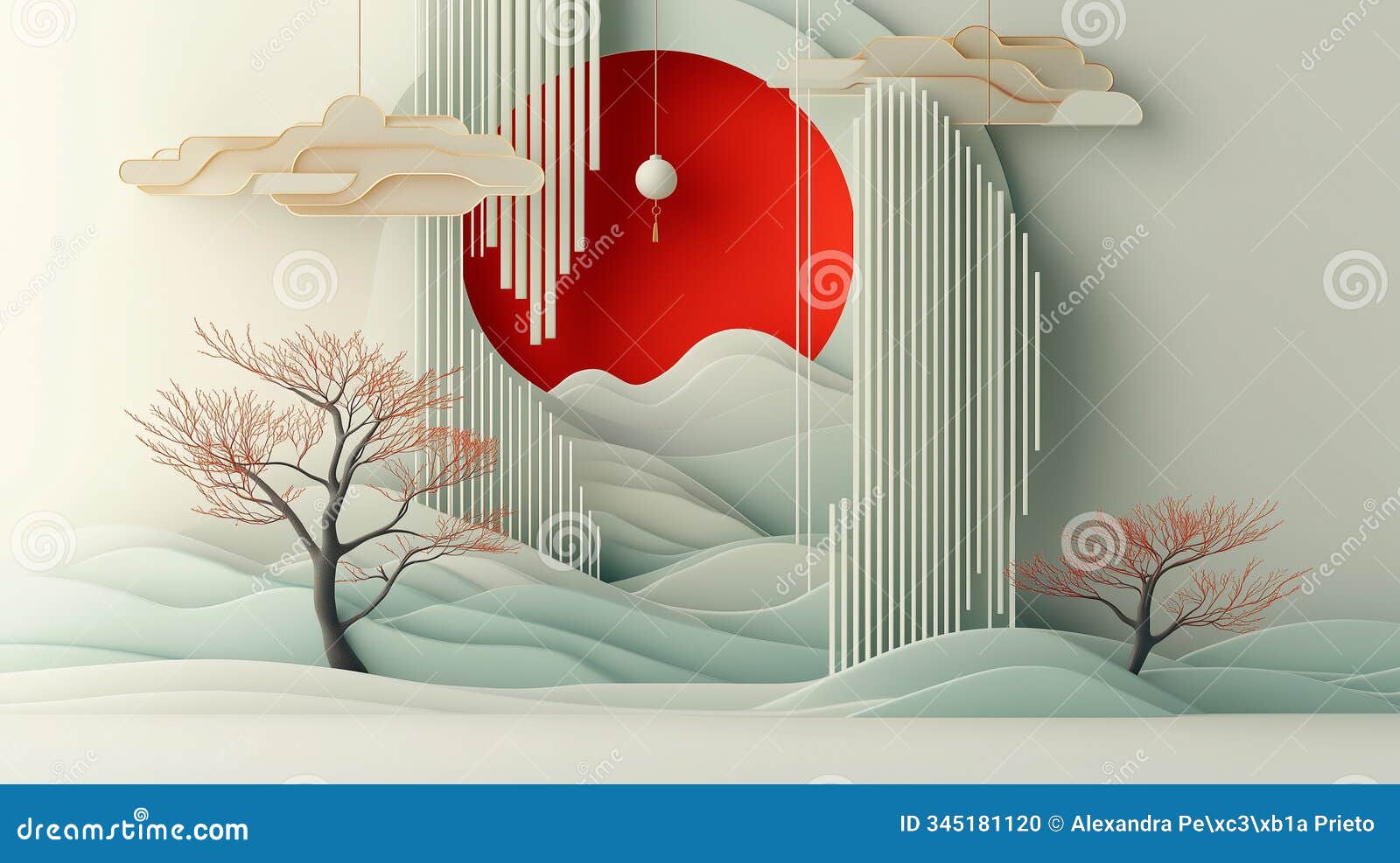 minimalist chinese new year scene with red sun and trees