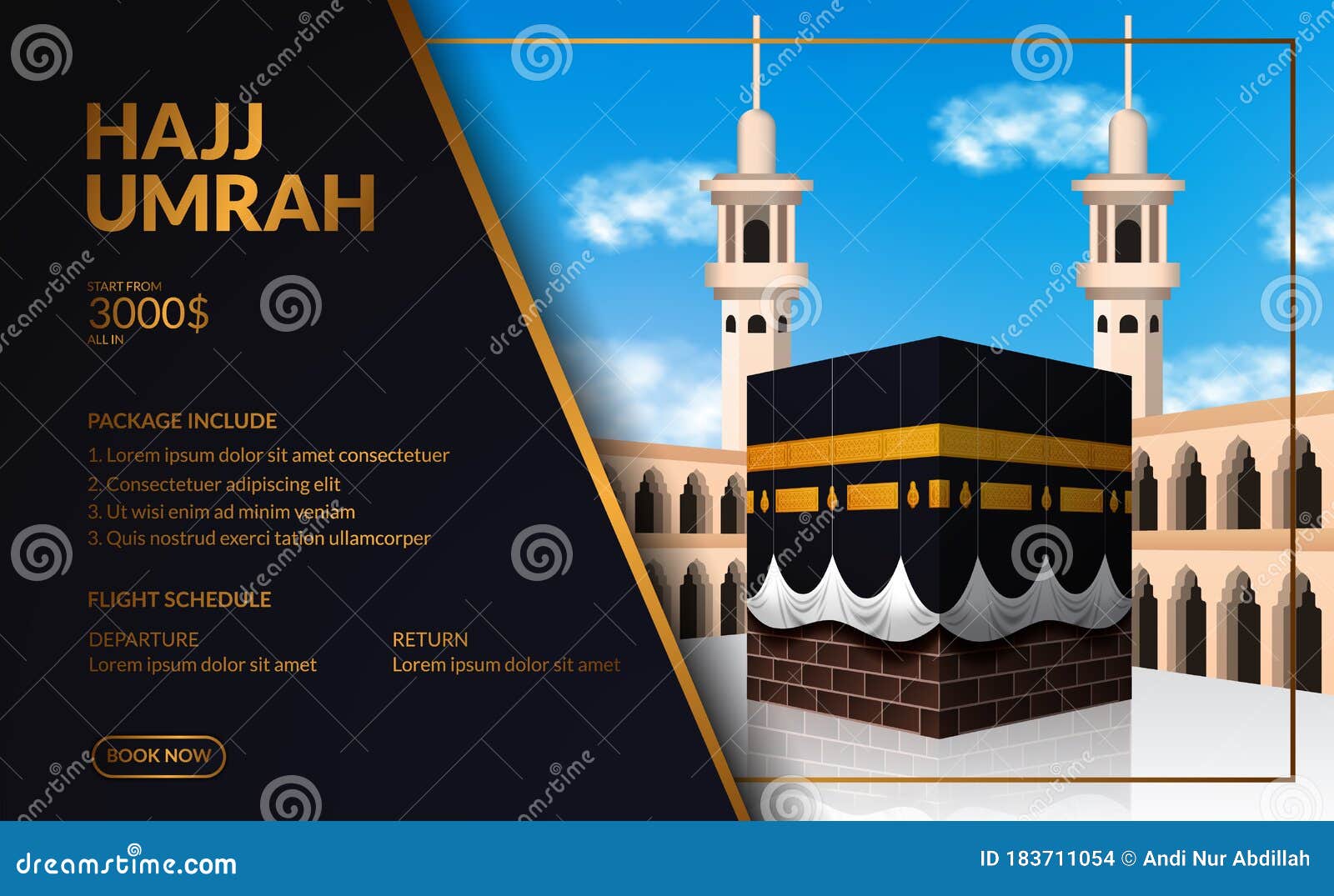Modern Elegant Luxury Hajj and Umrah Tour Travel Poster, Flyer, Banner  Template with Kaaba Realistic Illustration with Blue Sky Stock Vector -  Illustration of brochure, advertising: 183711054