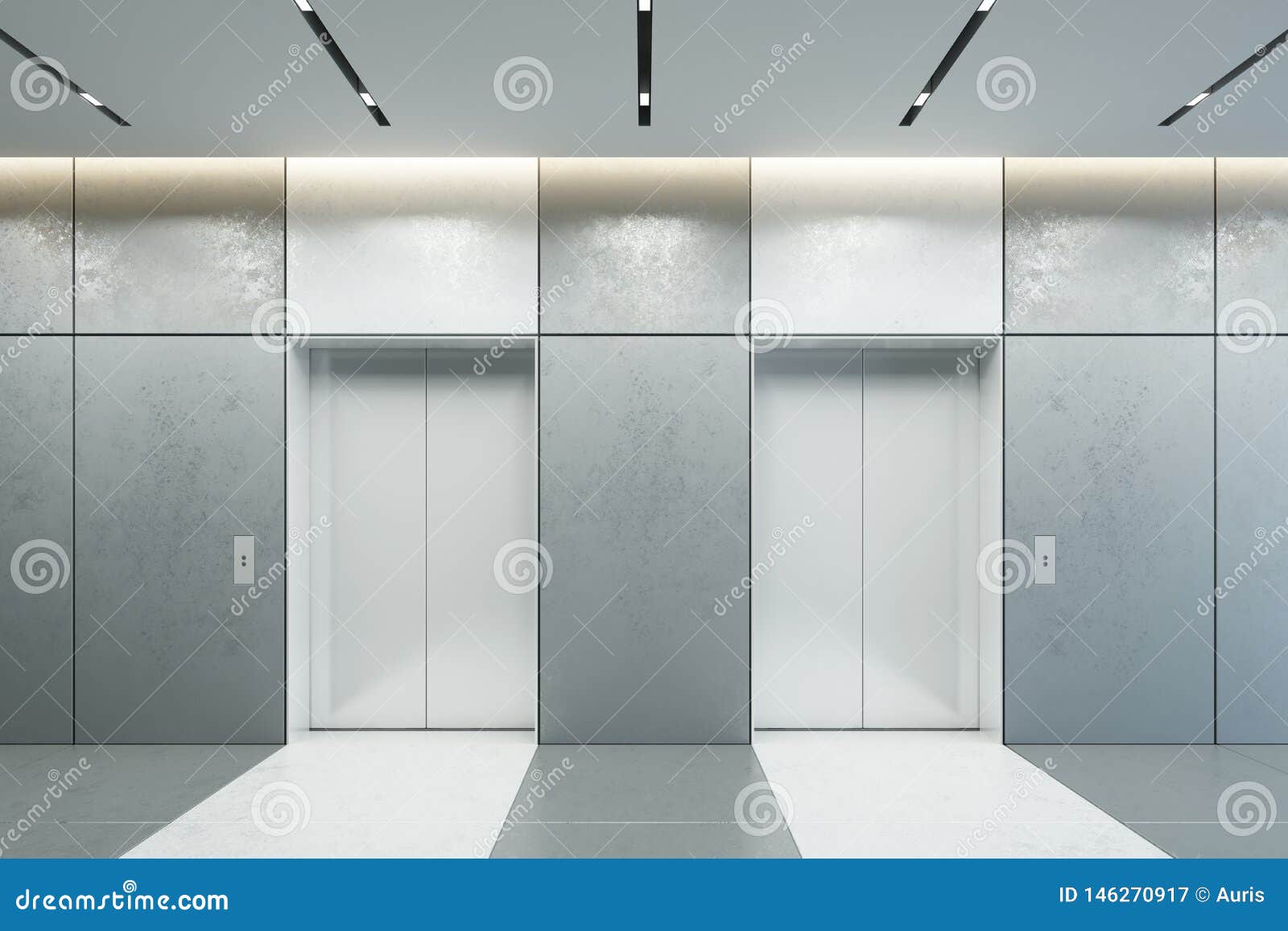 modern elevator with closed doors in office lobby, 3d render