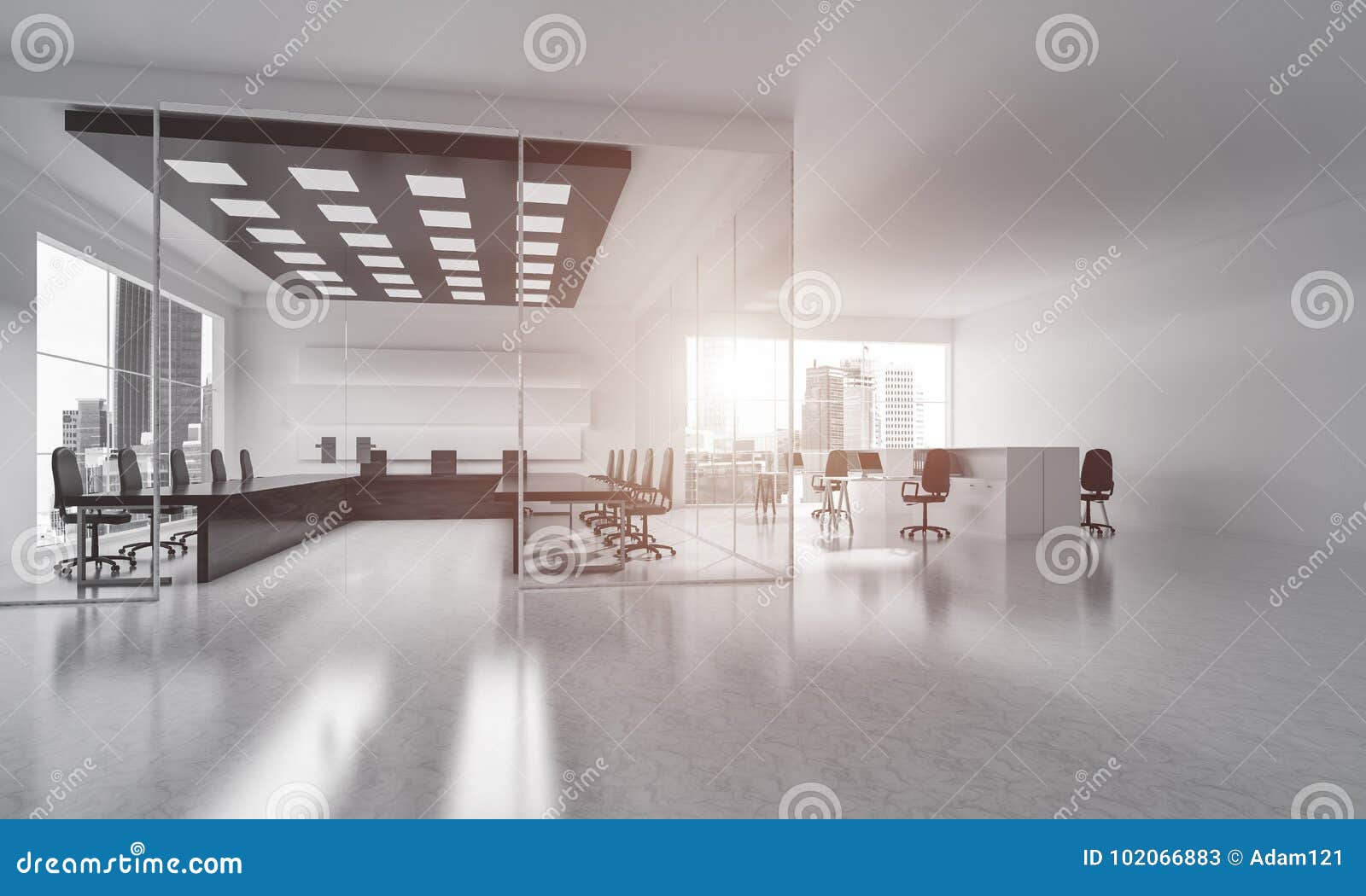 Office Interior Design In Whire Color And Rays Of Light From