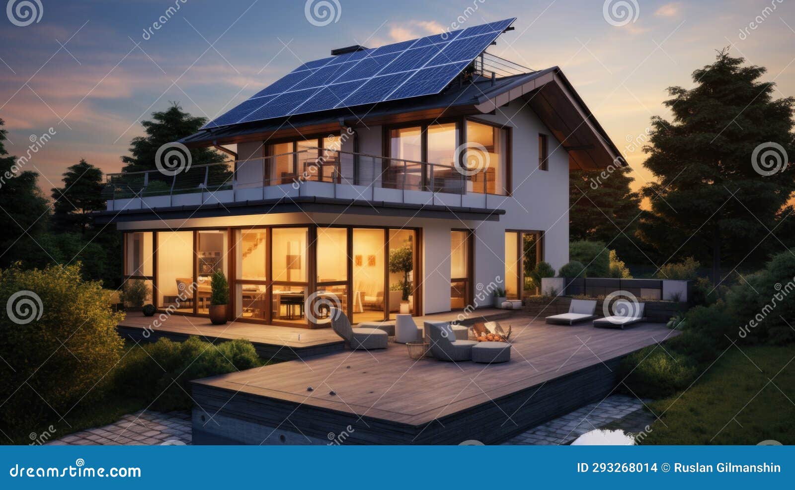 modern energy-efficient house with solar panels on the roof