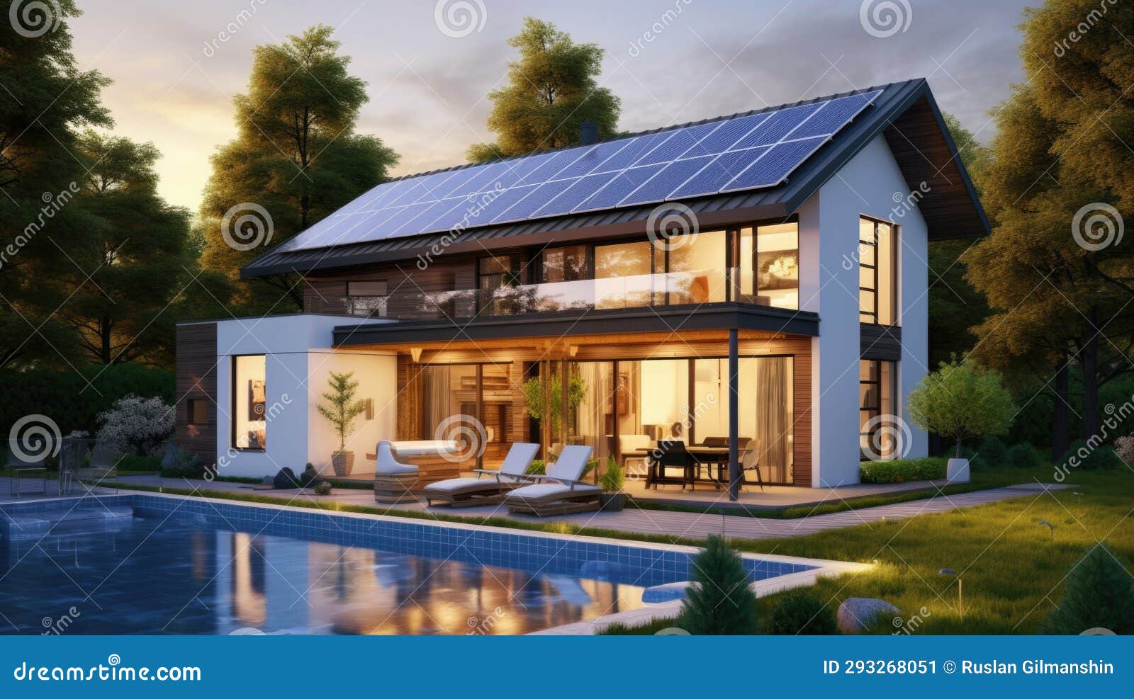 modern energy-efficient house with solar panels on the roof