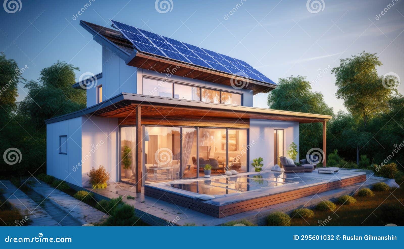 modern energy-efficient house with solar panels on the roof