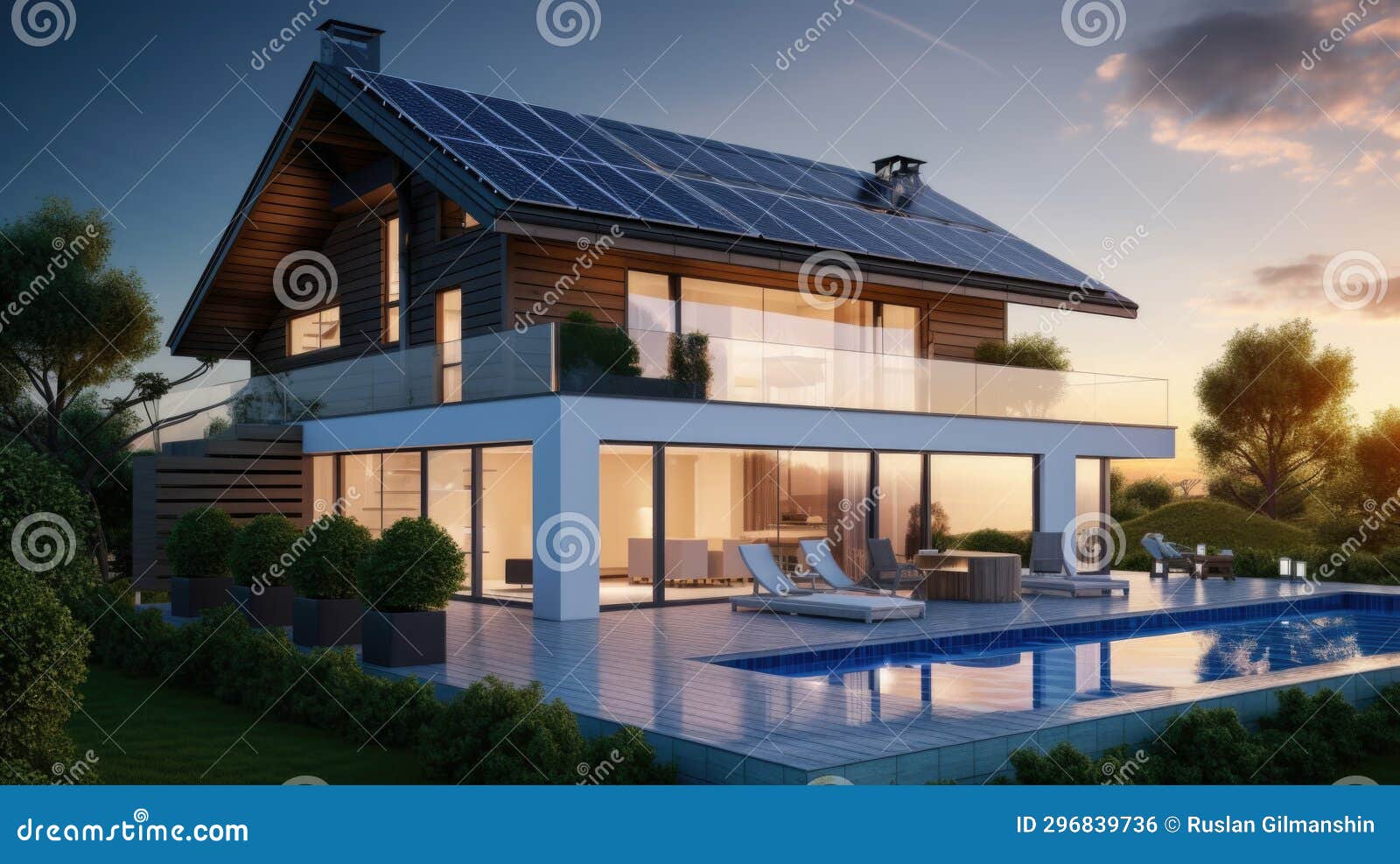 modern energy-efficient house with solar panels on the roof