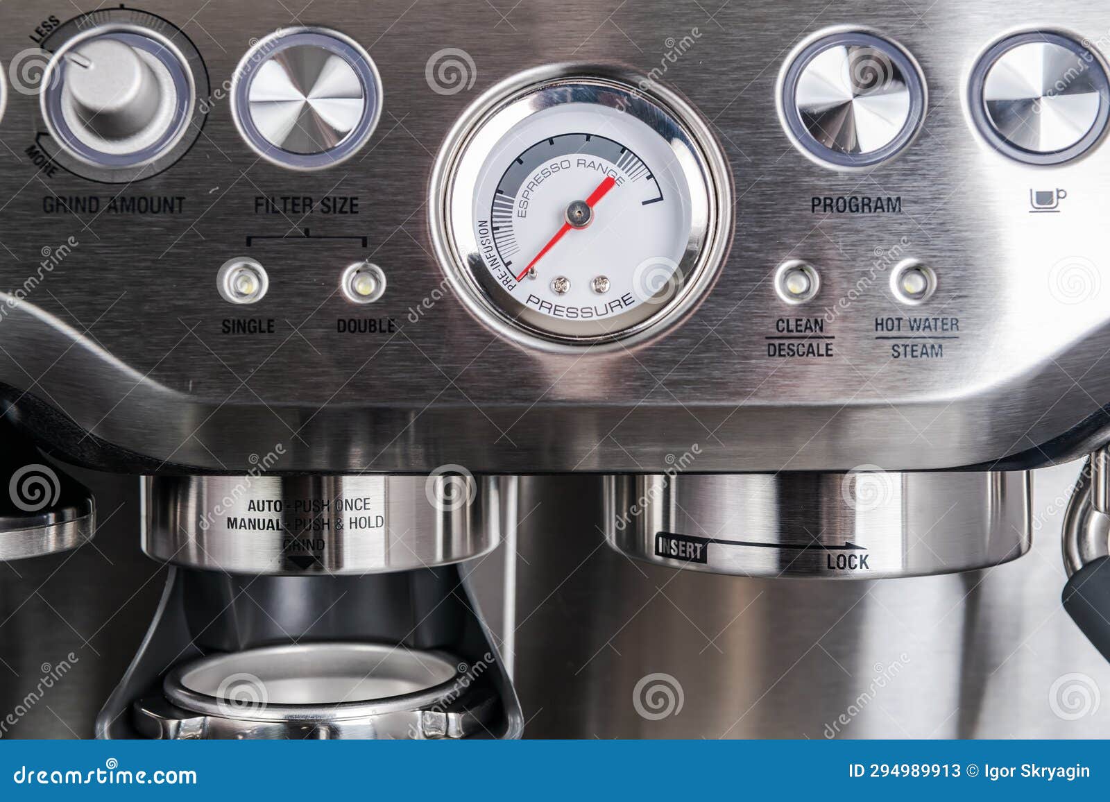 Modern Espresso Coffee Machine. Control Buttons and Barometer Stock