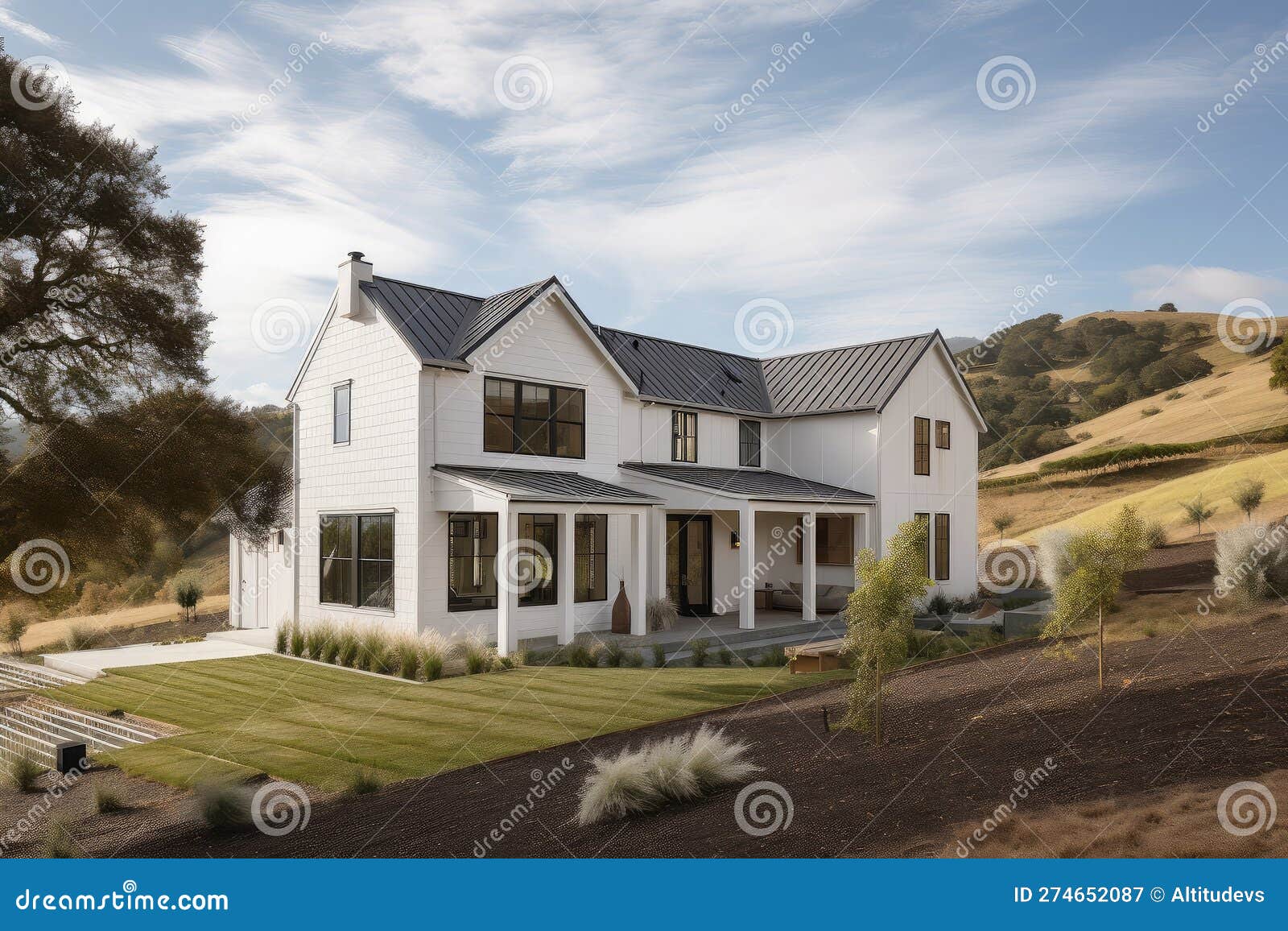 Modern Farmhouse Surrounded by Rolling Hills and Scenic Pastures Stock