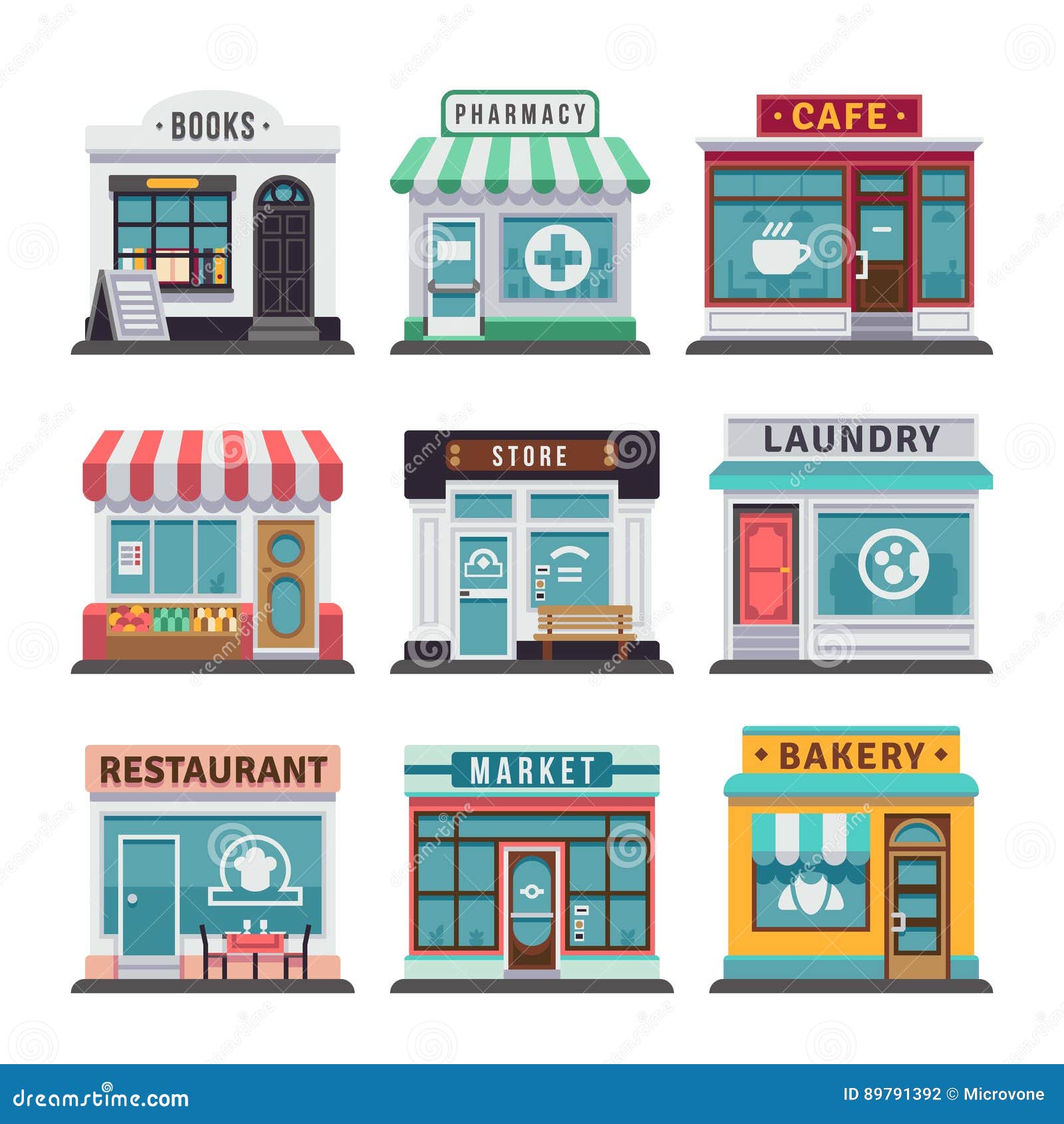 modern fast food restaurant and shop buildings, store facades, boutiques with showcase flat icons