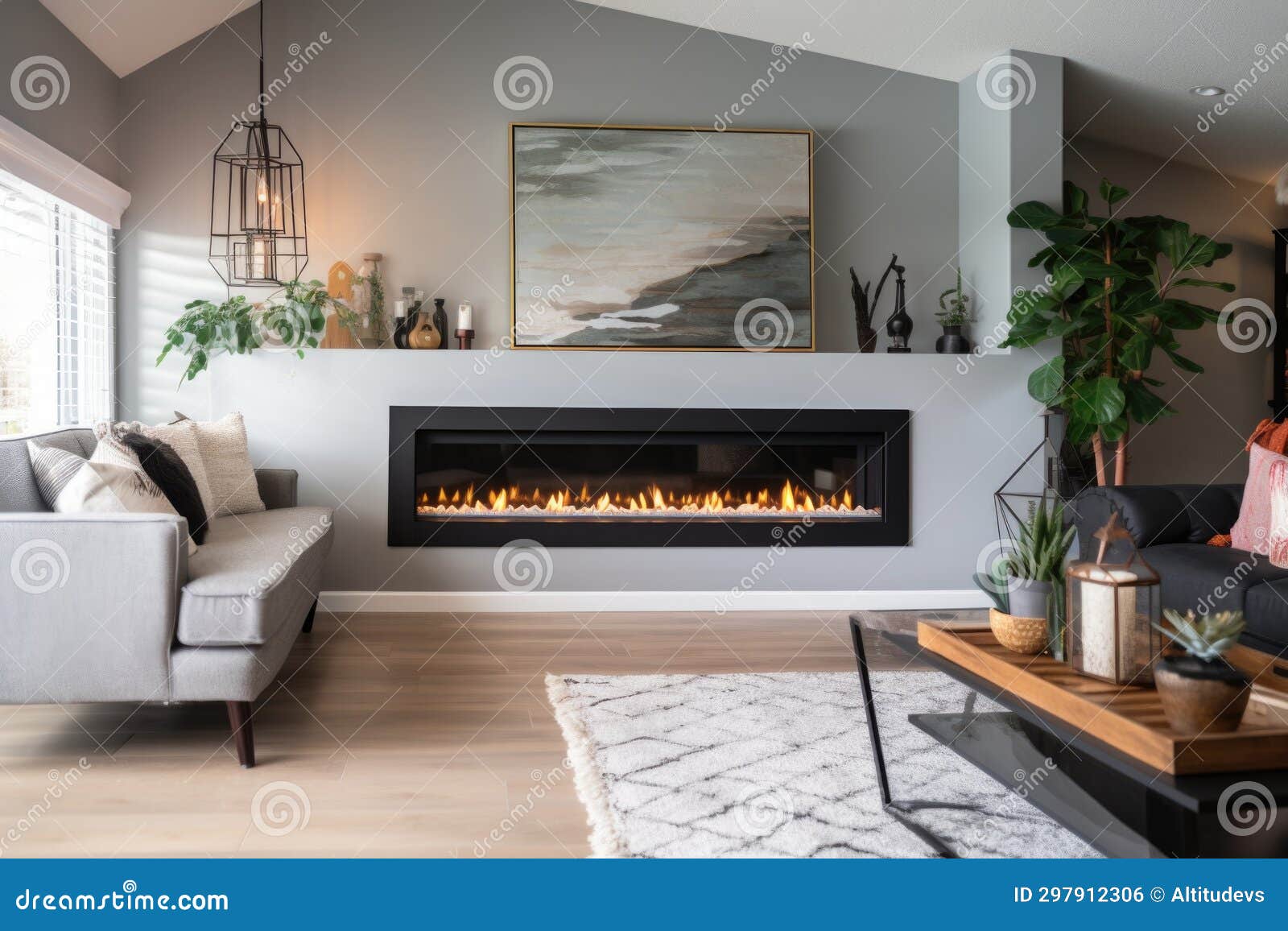 A Modern Fireplace in an Open Concept Living Room Stock Photo Image