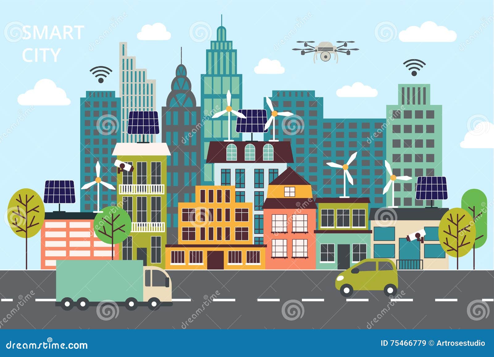 modern flat line , concept of smart city, technologies of future and urban innovations