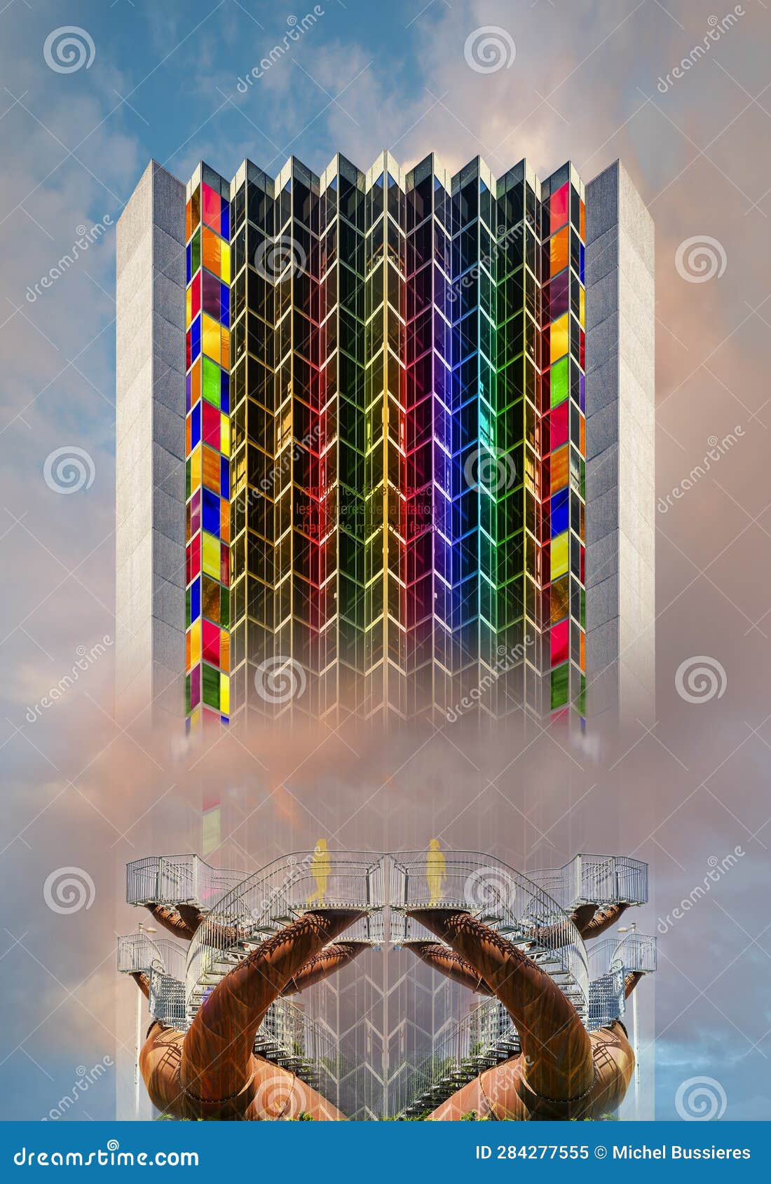 modern foggey building  with two stairway's and two peoples