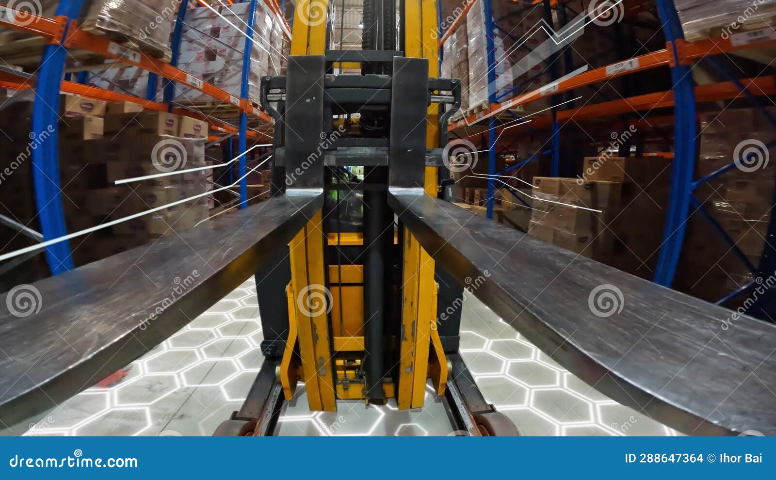 Forklift in a Modern Warehouse. Forklift in the Warehouse Concept. Work