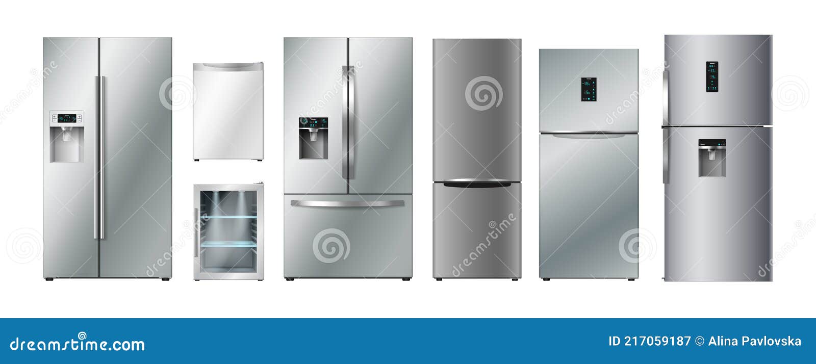 Modern Fridges Set. Realistic Silver Coolers, Refrigerators of
