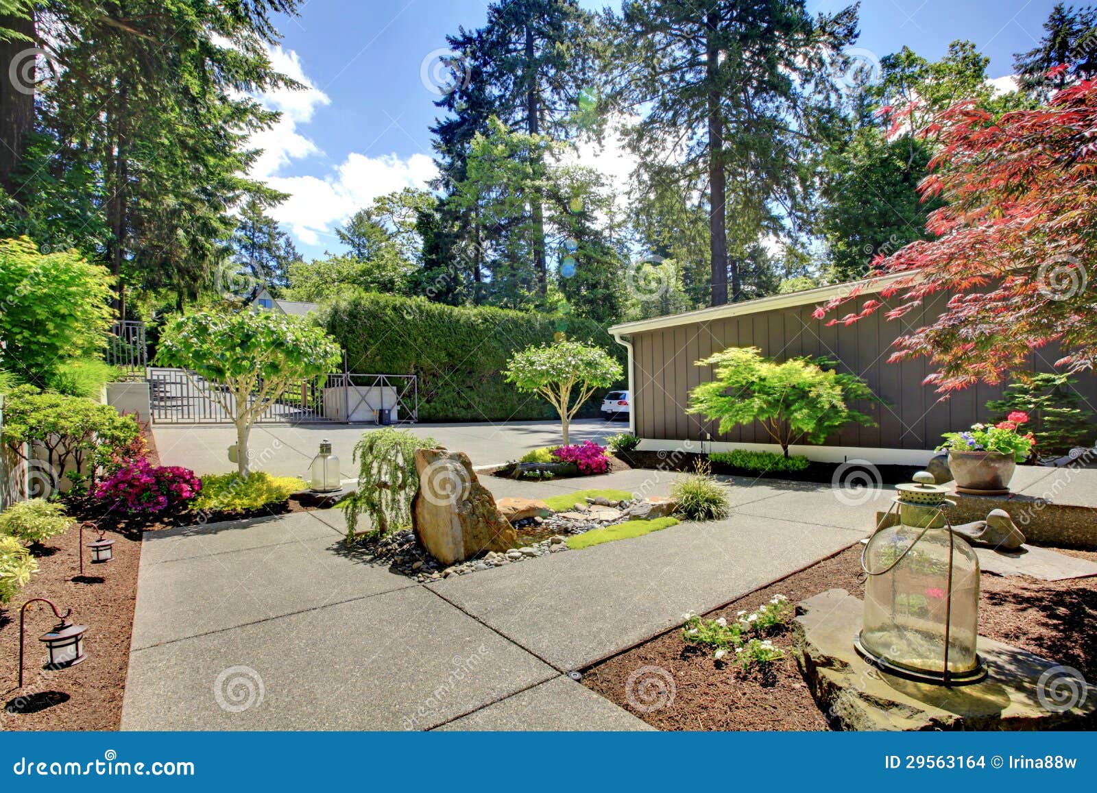 Modern Front Yard Landscape With Walkways And Rocks. Stock ...