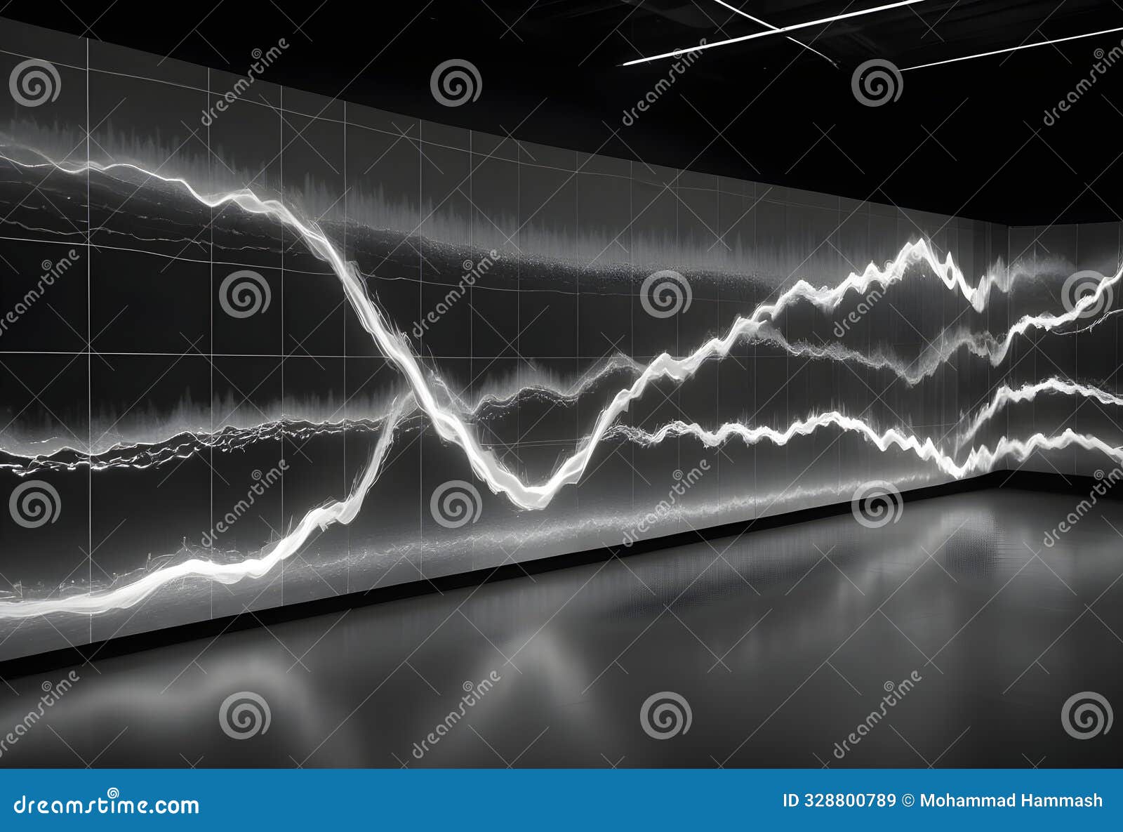 a modern gallery space with a large curved screen displaying a digital artwork featuring a series of white lines and