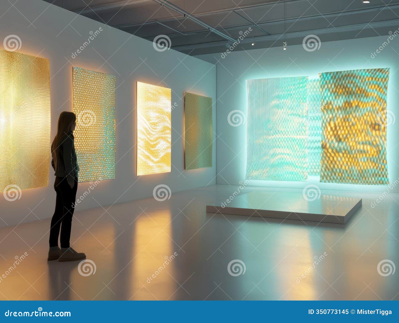 modern gallery, woman standing at viewing platform, abstract paintings, bright colors blue, yellow, textured quality
