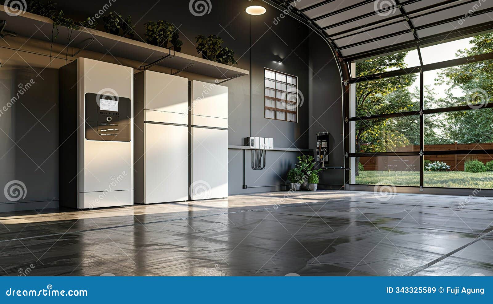 modern garage interior with two white energy storage systems. sunlight streams through a large glass garage door, revealing a