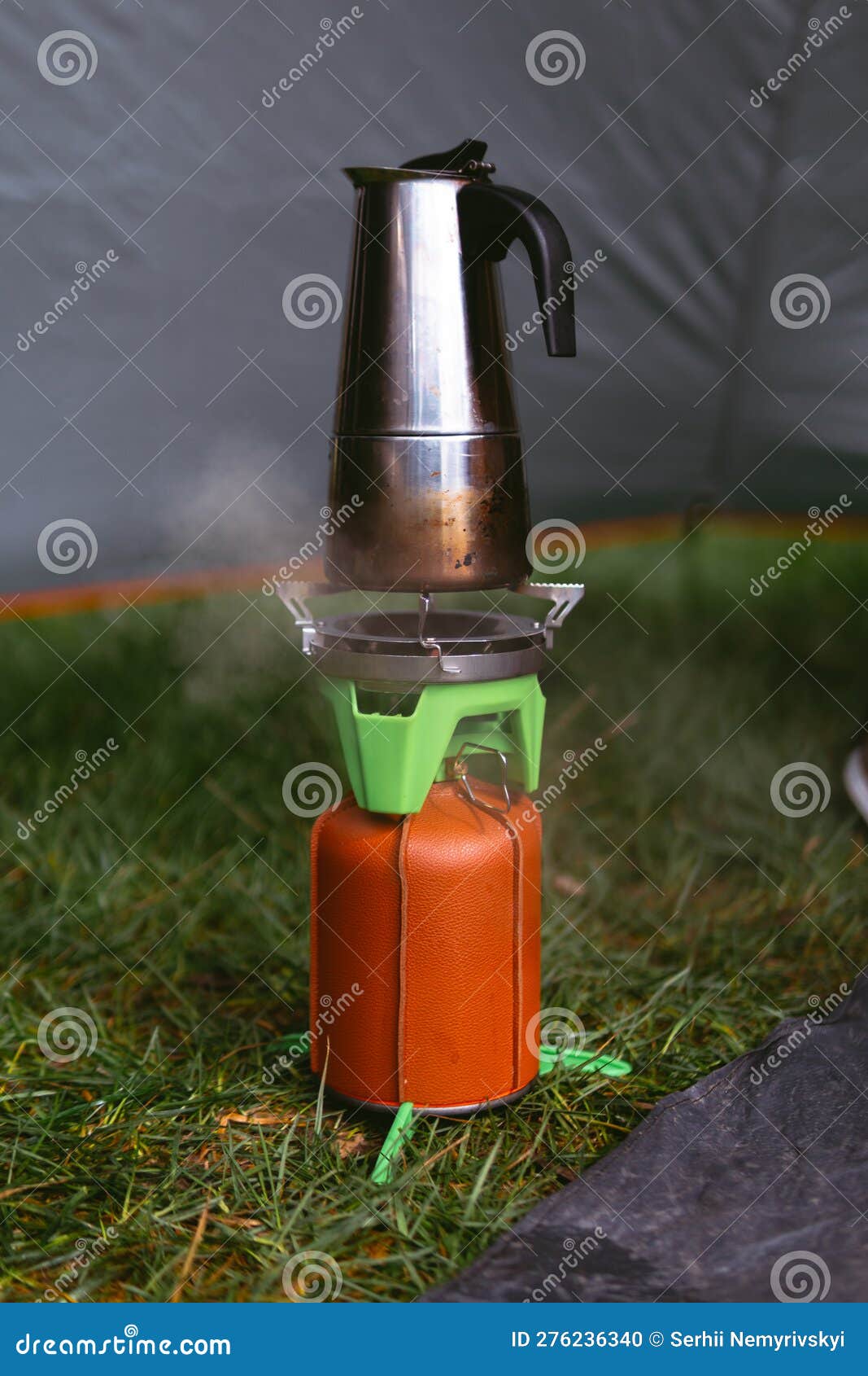 Making camping coffee from a geyser coffee maker on a gas burner, Stock  image