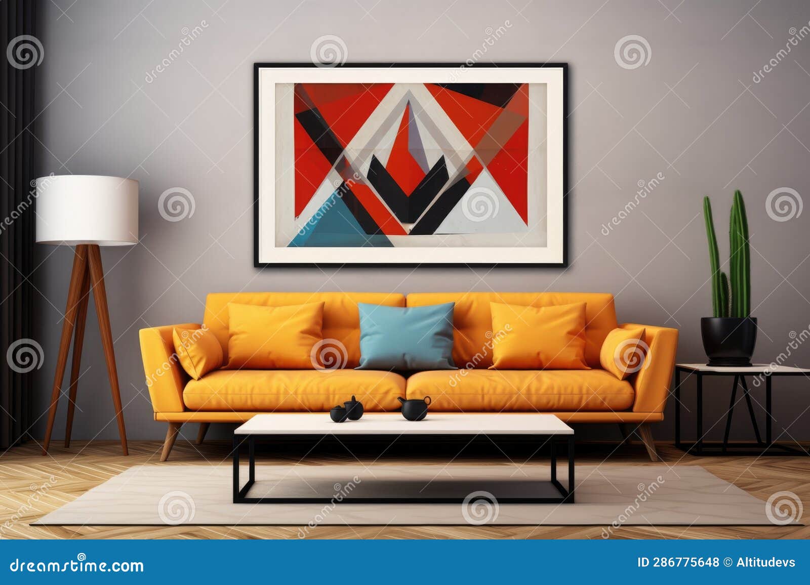 Modern Geometric Wall Art Above a Sleek Couch Stock Photo Image of