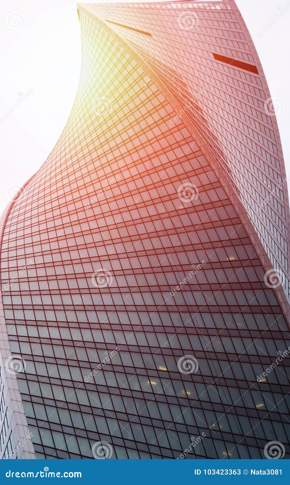 modern glass building business center. skyscraper in the city. the sun`s rays are reflected in the glass surface. bottom view.