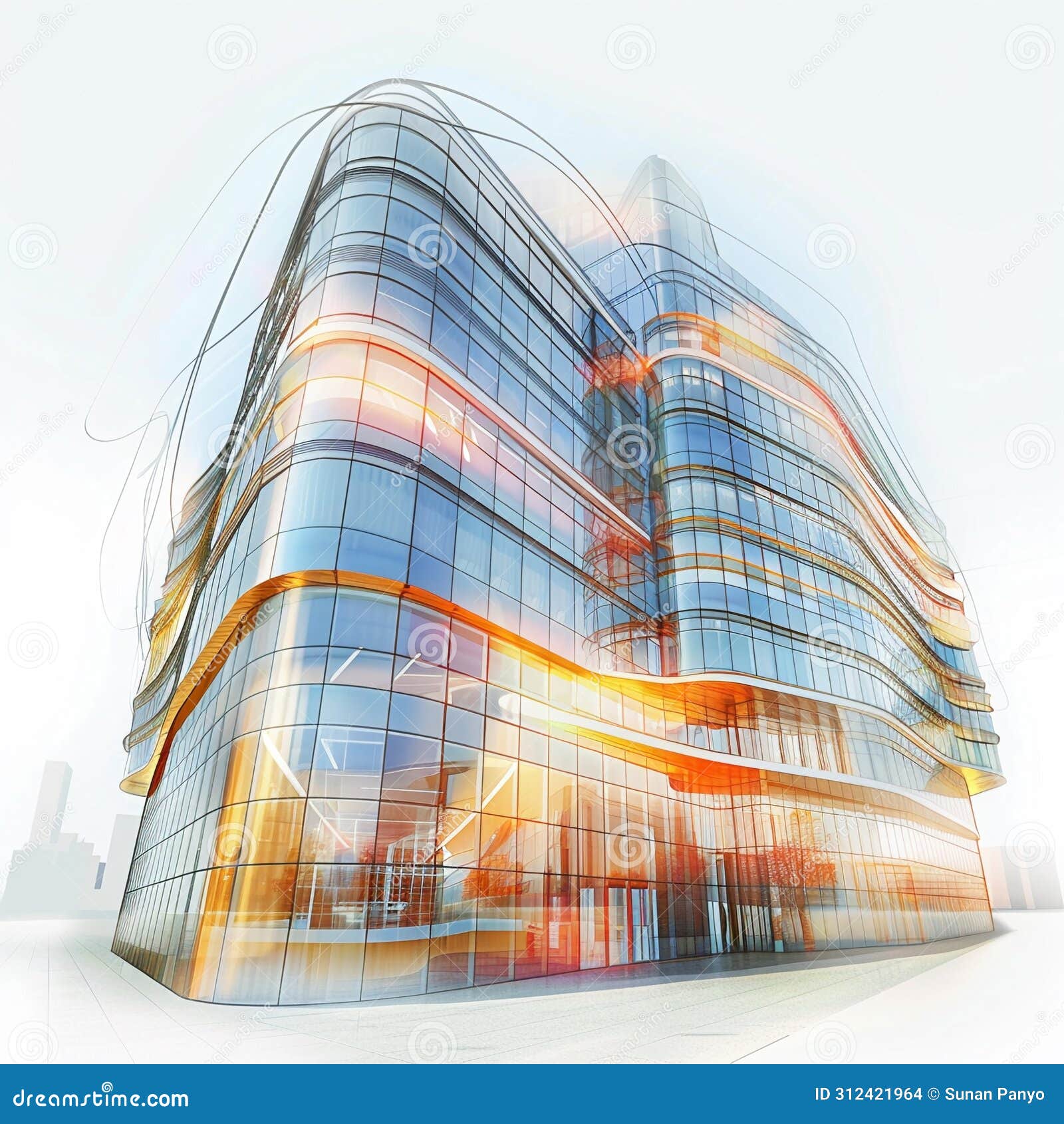 modern glass building, light play on curves, sketch, high angle, soft lighting , professional color grading