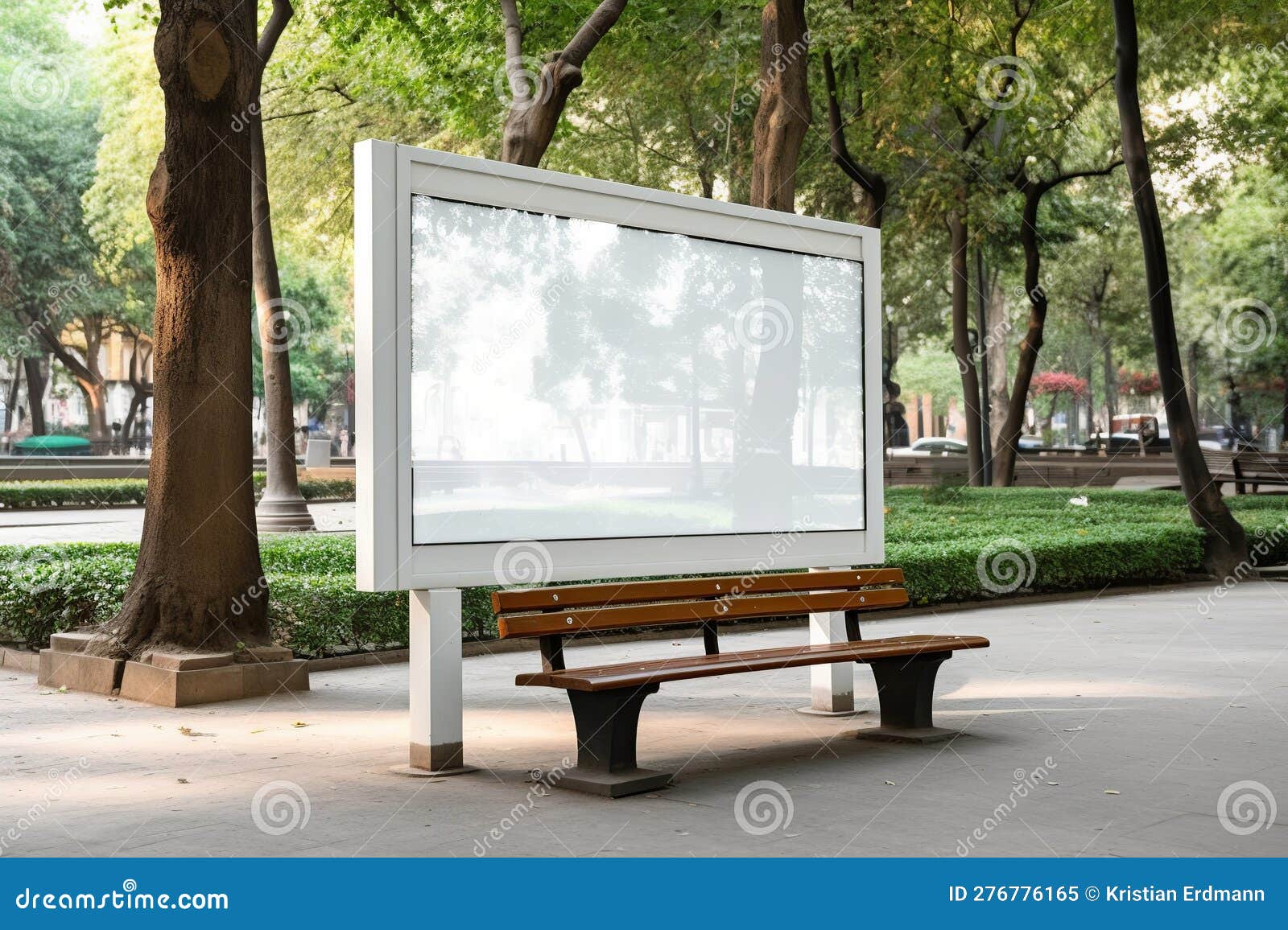 modern glass signboard: serene city square, verdant trees, and cozy benches