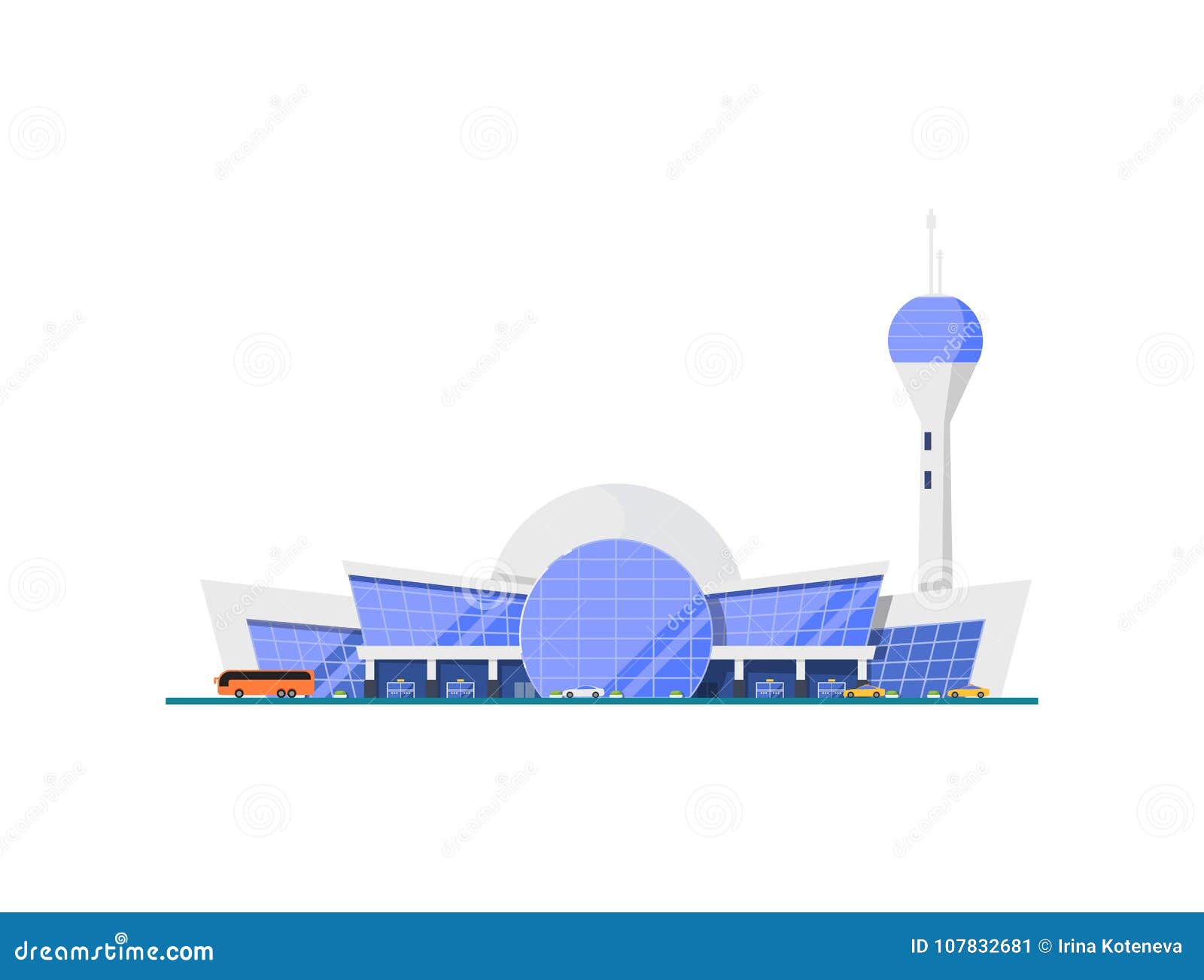 Modern glassy airport terminal element. Air passenger terminal with flight control tower vector illustration. Worldwide traveling, air transportation ...