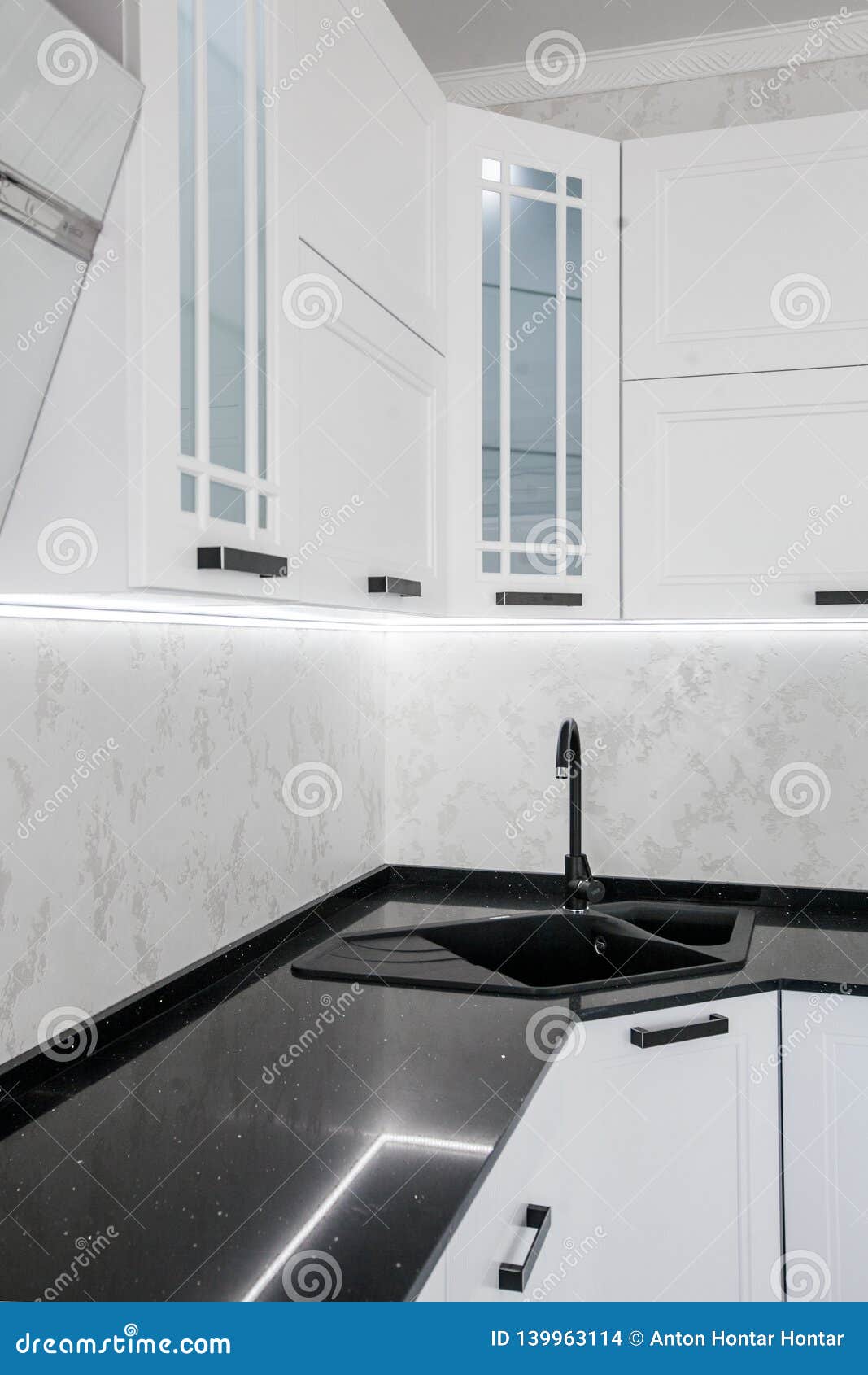 Modern Gourmet Kitchen Interior. Beautiful White Design Stock Photo