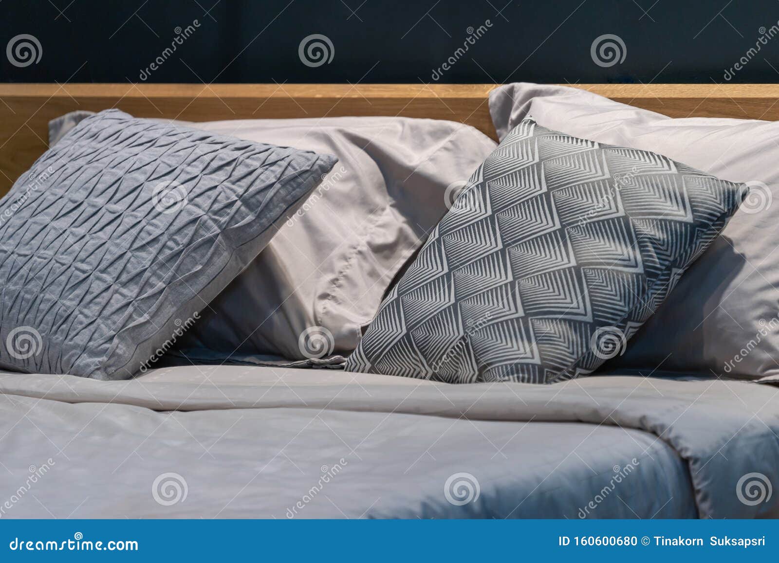 Modern Gray Fabric Pillows and Checkered Pattern on the Bed Interior